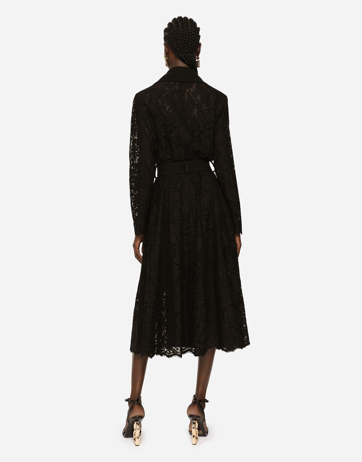 Belted double-breasted crepe and lace coat - 5
