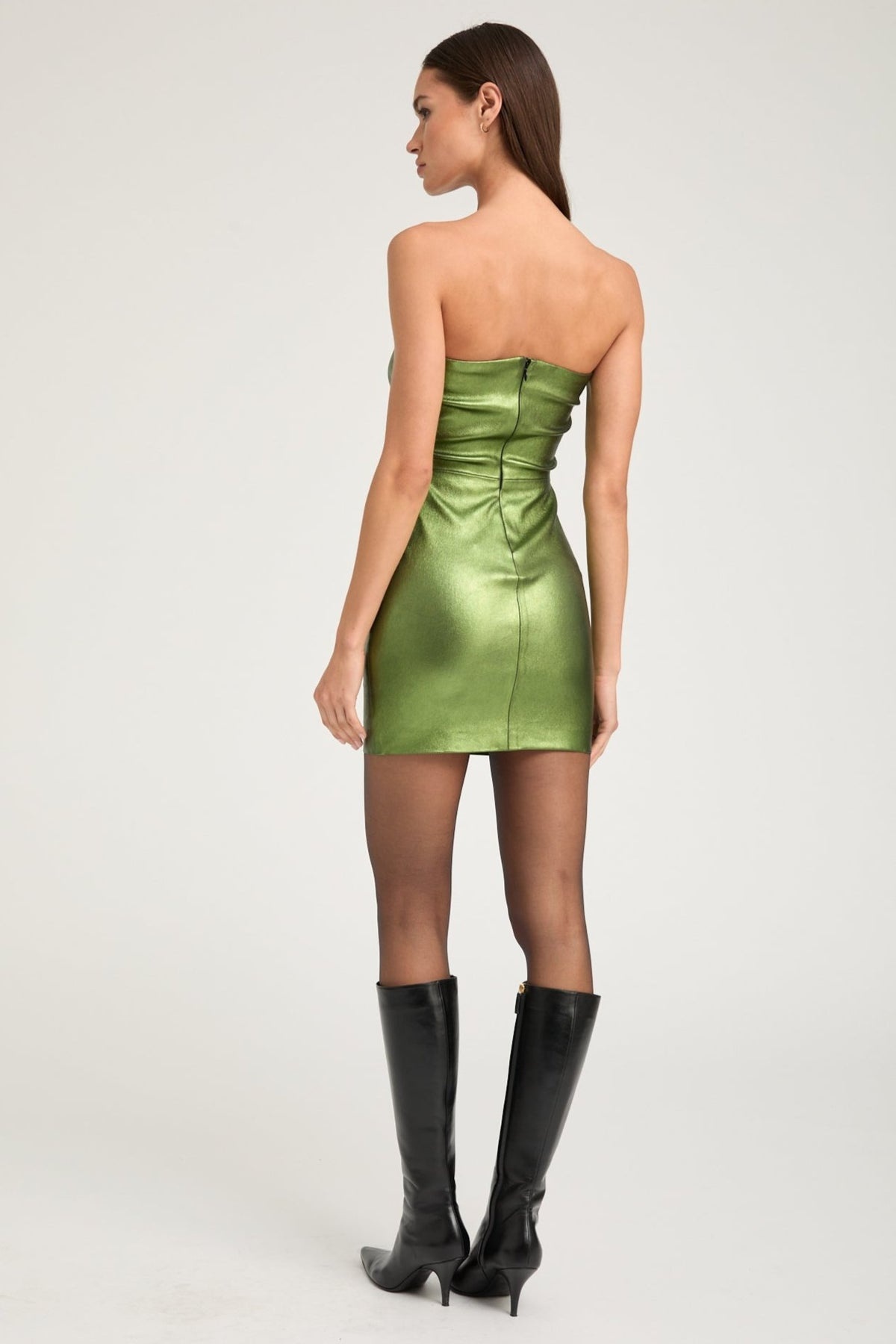 METALLIC GREEN LEATHER MINI TUBE DRESS - 5