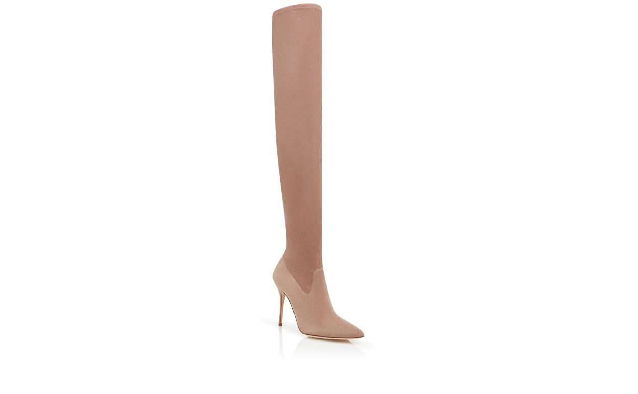 Beige Suede Fitted Thigh High Boots - 3