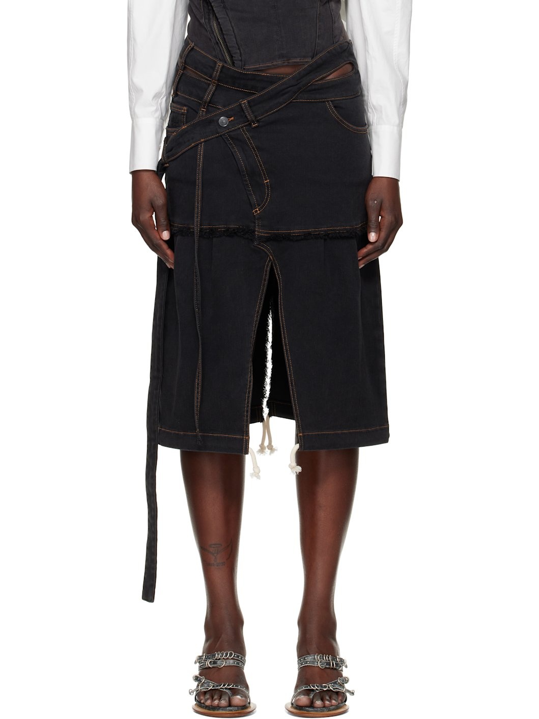 Gray Signature Wrap Denim Midi Skirt - 1