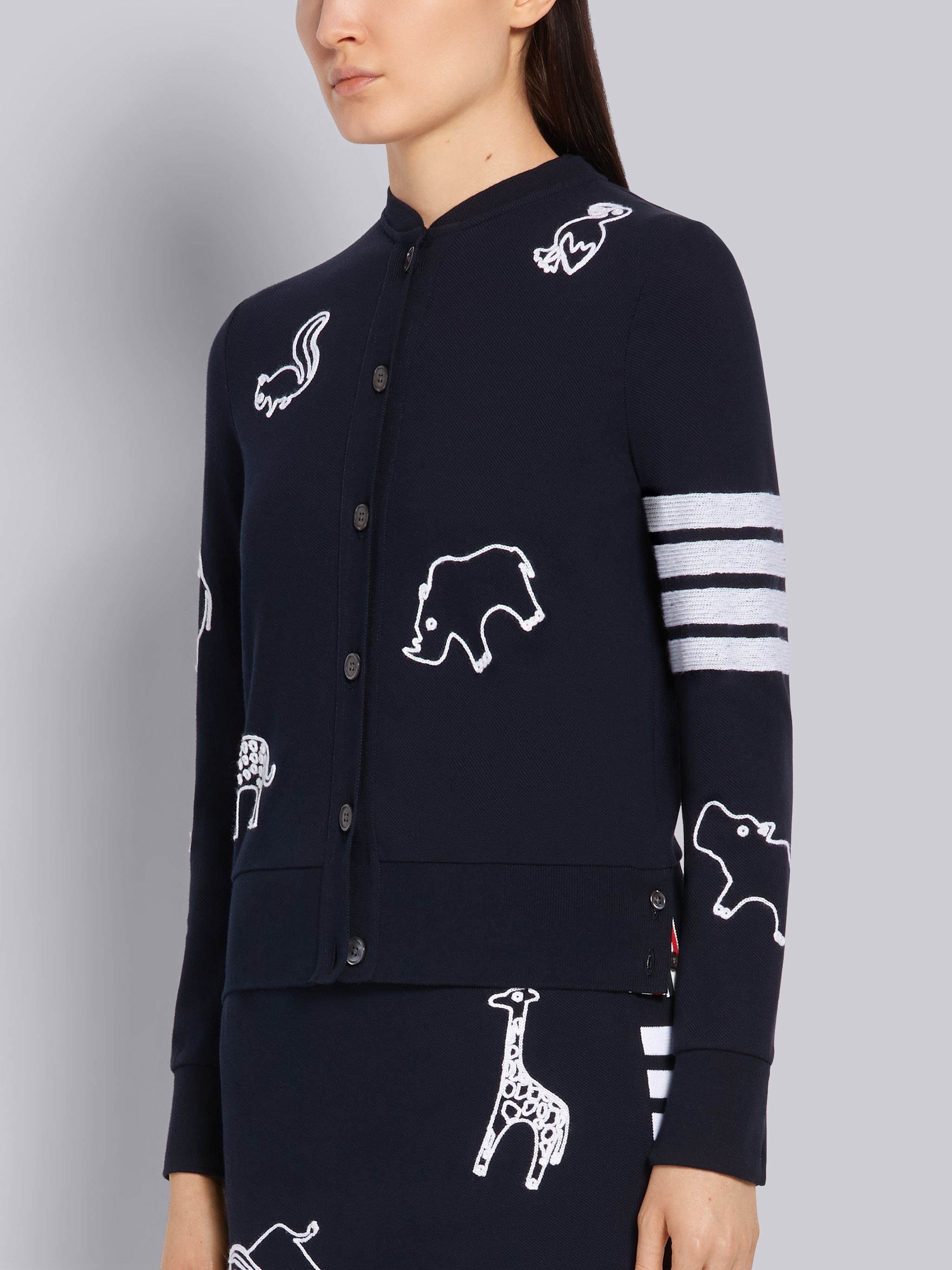 Navy Classic Cotton Pique Animal Icon Embroidery Crewneck 4-Bar Cardigan - 2