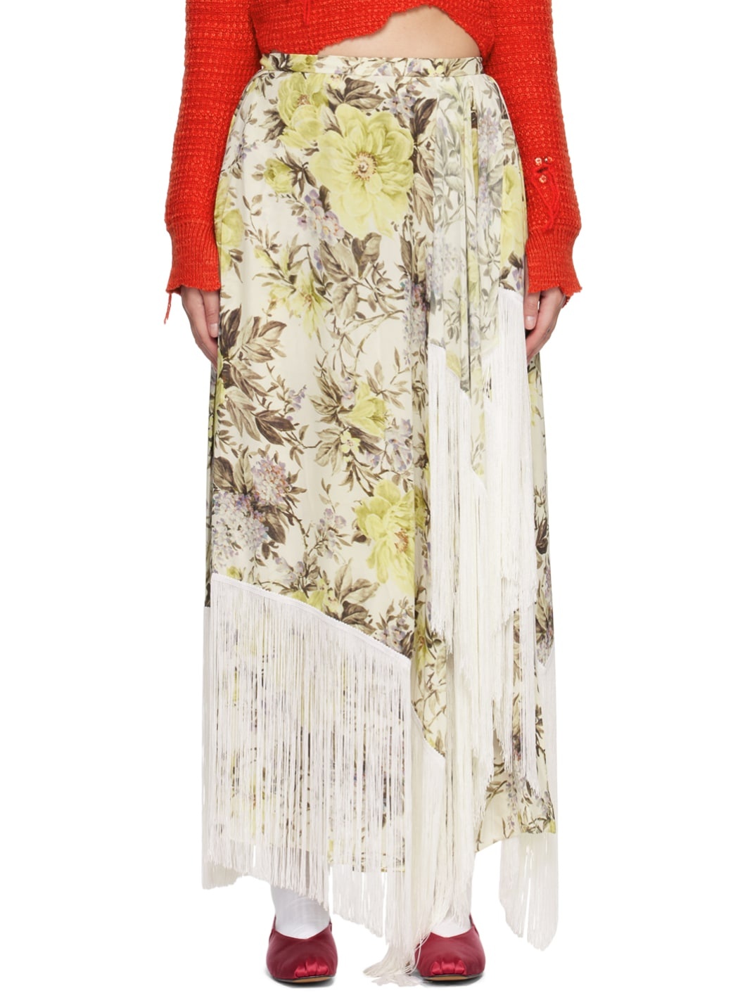 Beige Flower Print Fringe Maxi Skirt - 1