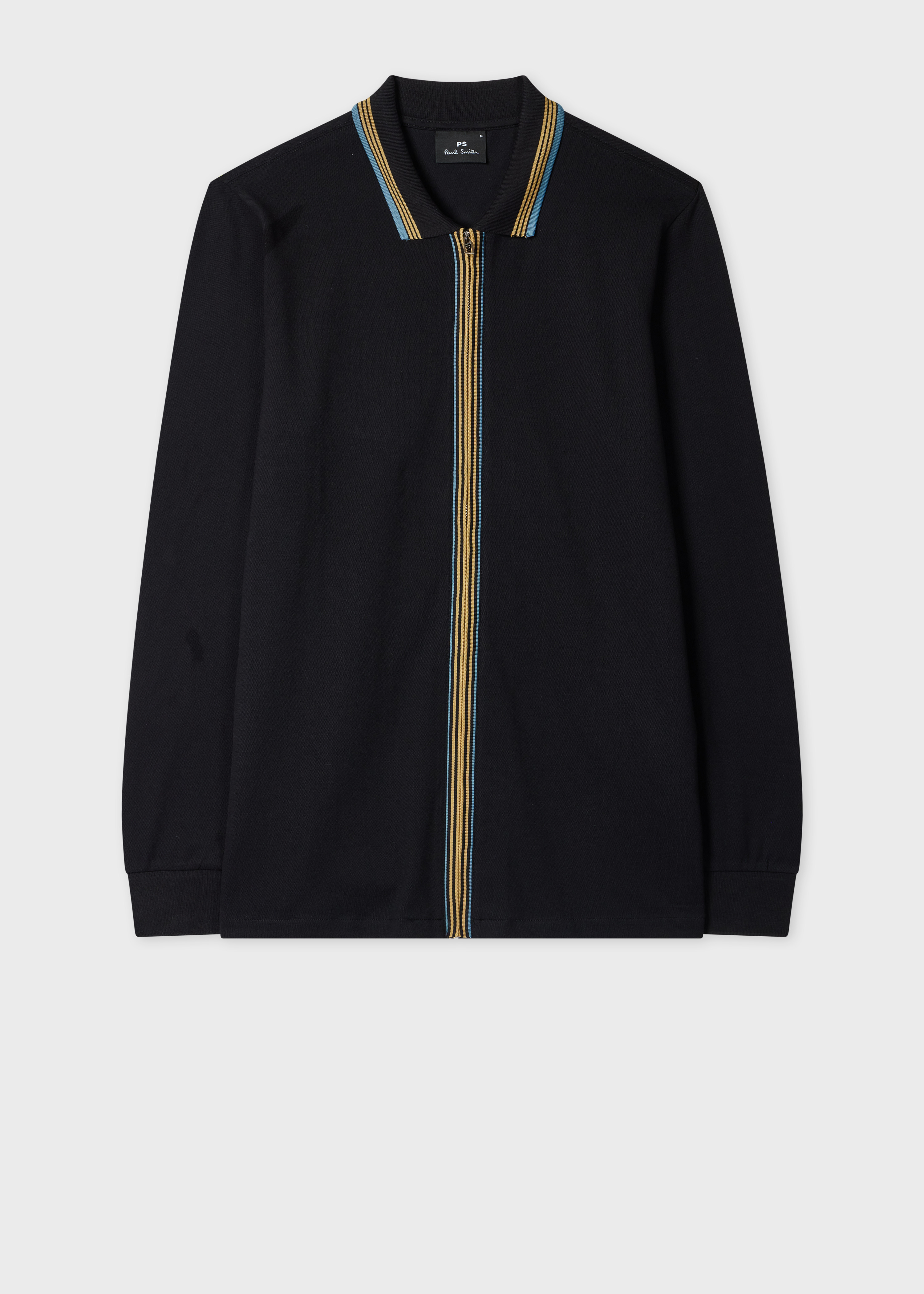 Black Contrast Tipping Full-Zip Long-Sleeve Polo Shirt - 1