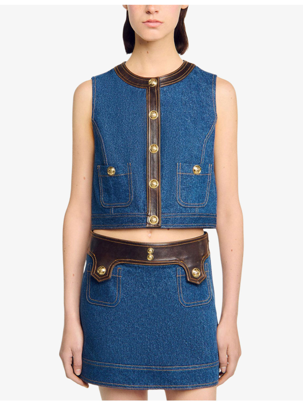 Leather-Trim Button-Down Denim Top - 3