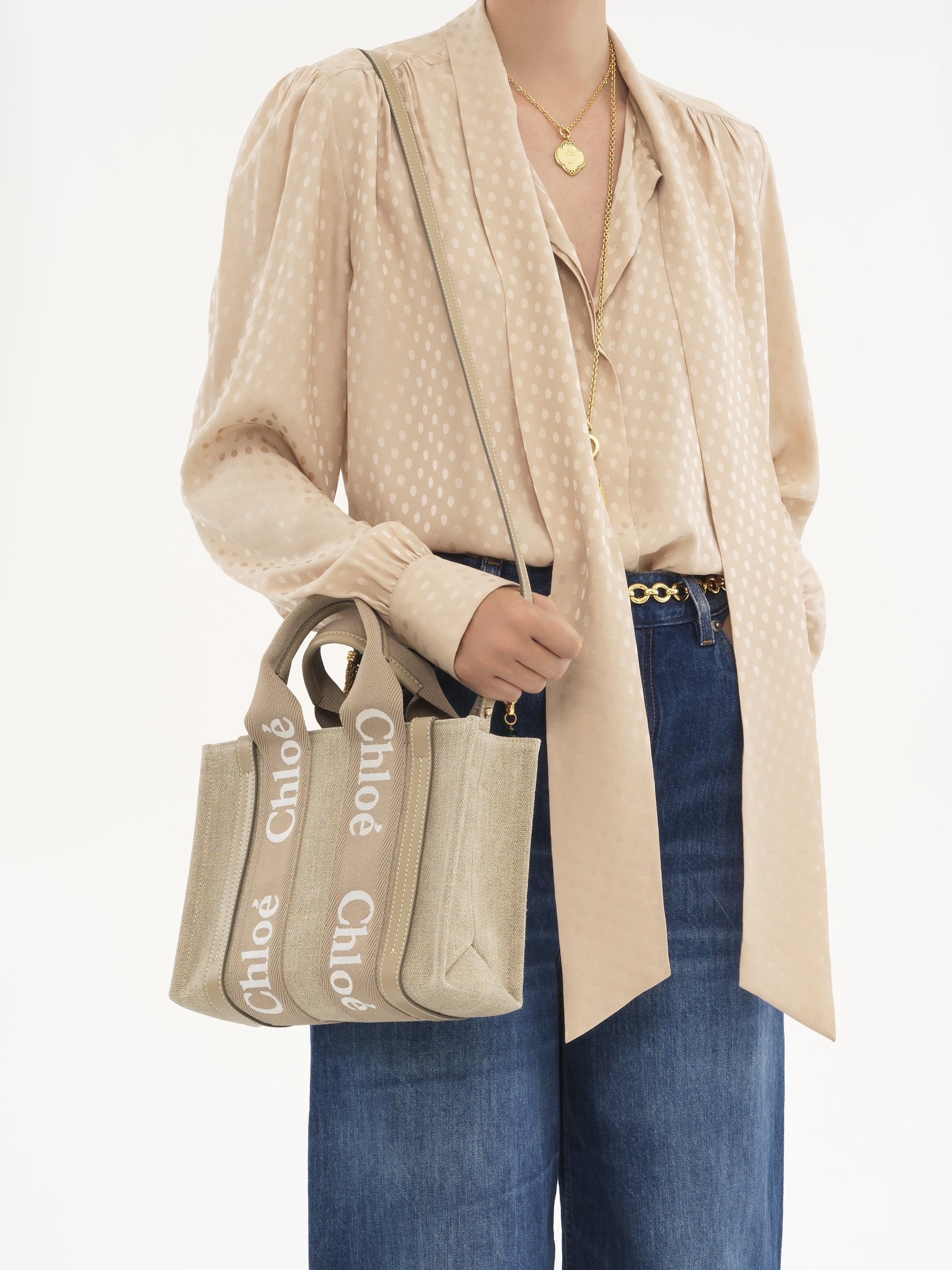 WOODY TOTE BAG IN LINEN & LEATHER - 2