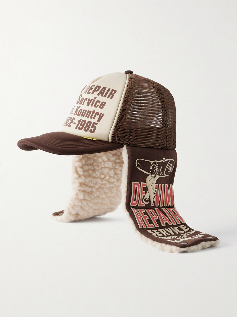 Denim Repair Service Fleece-Trimmed Printed Canvas and Mesh Trucker Cap 1