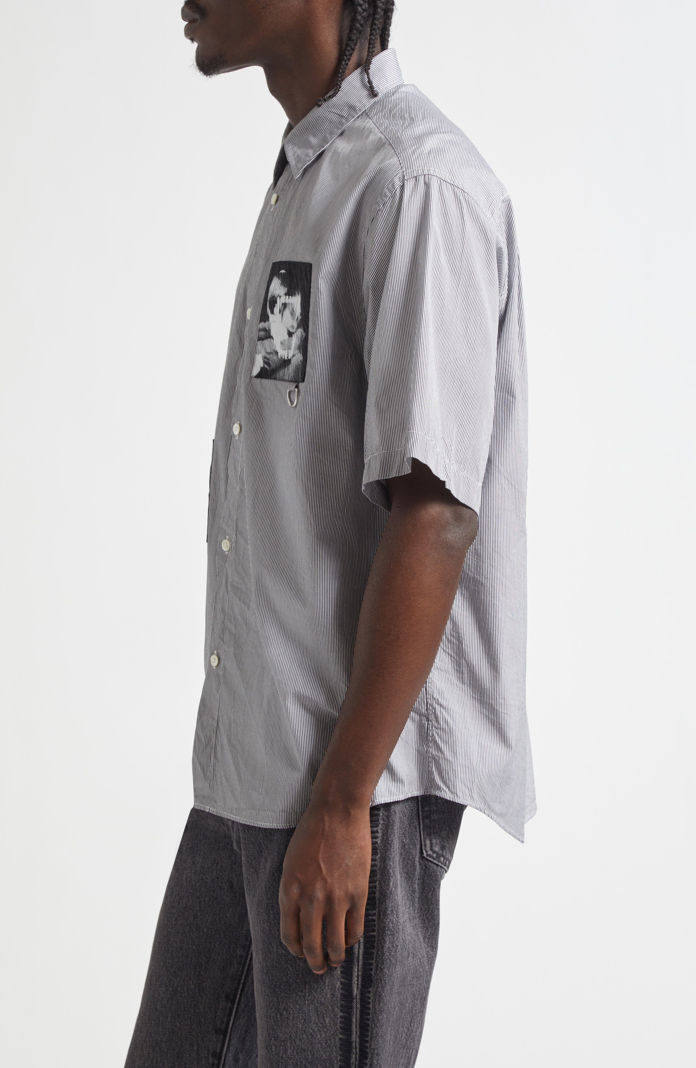 Undercover Patchwork Stripe Button-Up Shirt in Black St at Nordstrom - 3