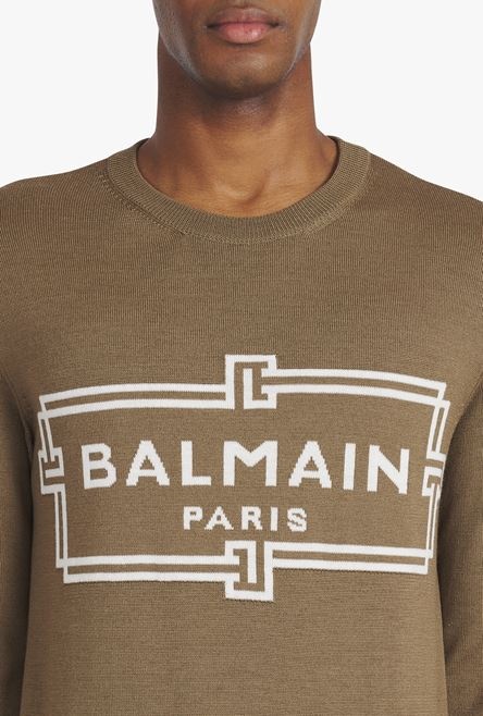 Taupe wool sweater with ecru Balmain Paris logo - 6