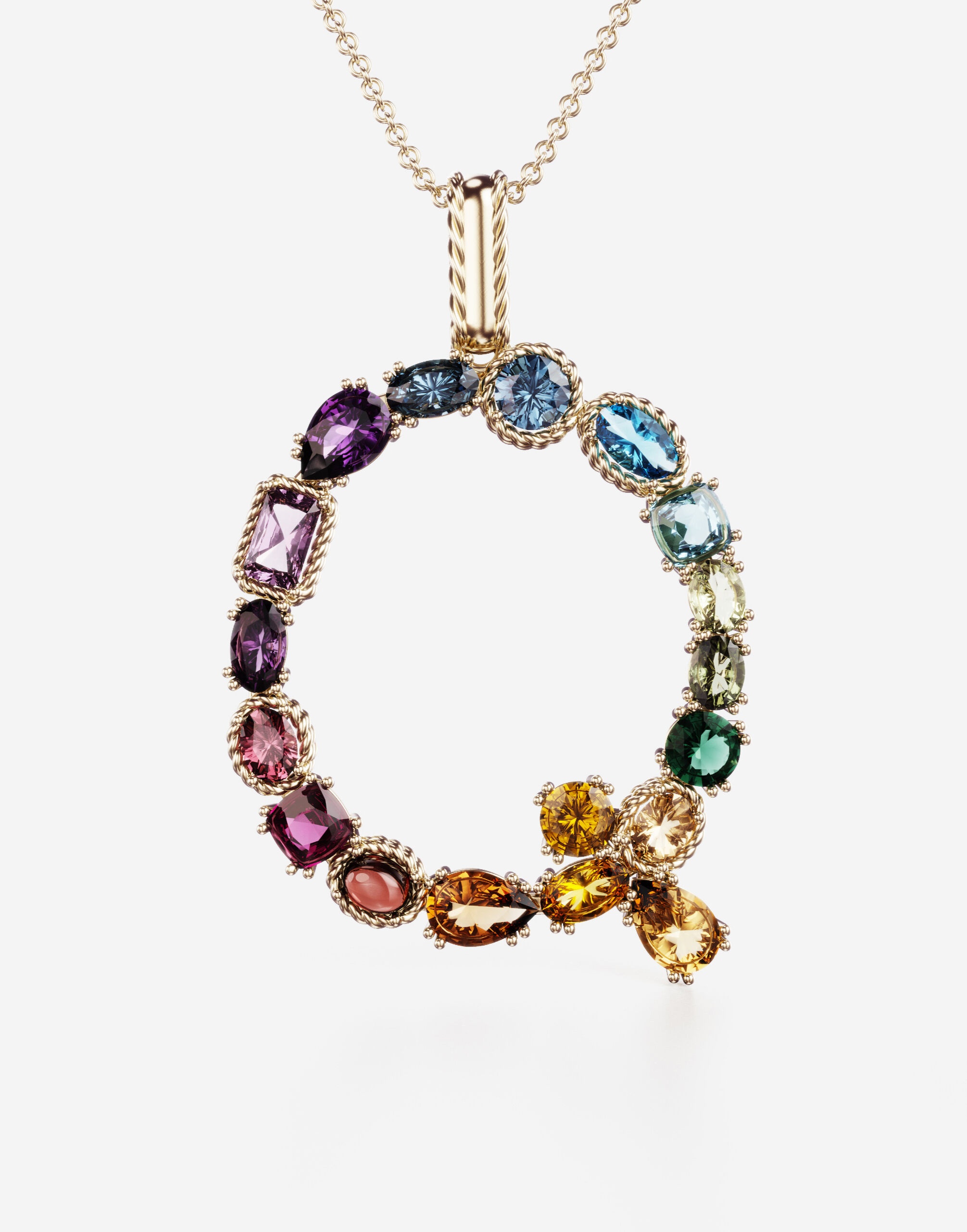 Rainbow alphabet Q pendant in yellow gold with multicolor fine gems - 2