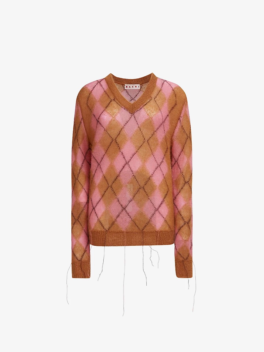 Argyle-pattern V-neck wool-blend jumper - 1