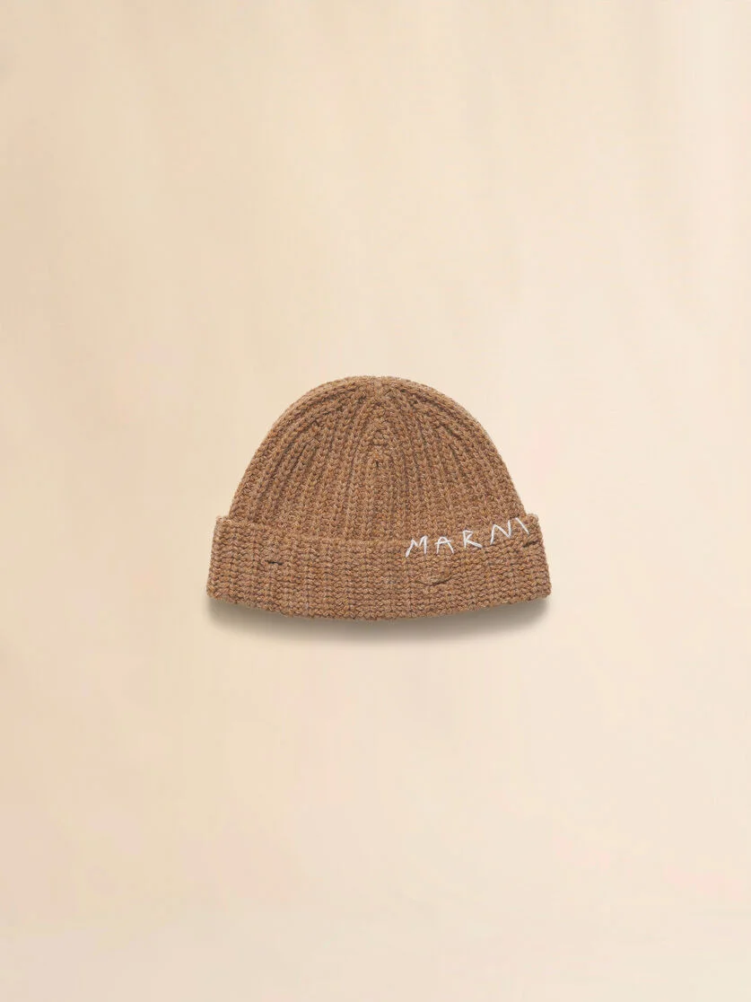 BROWN RIBBED BEANIE WITH HAND-STITCHED LOGO - 1