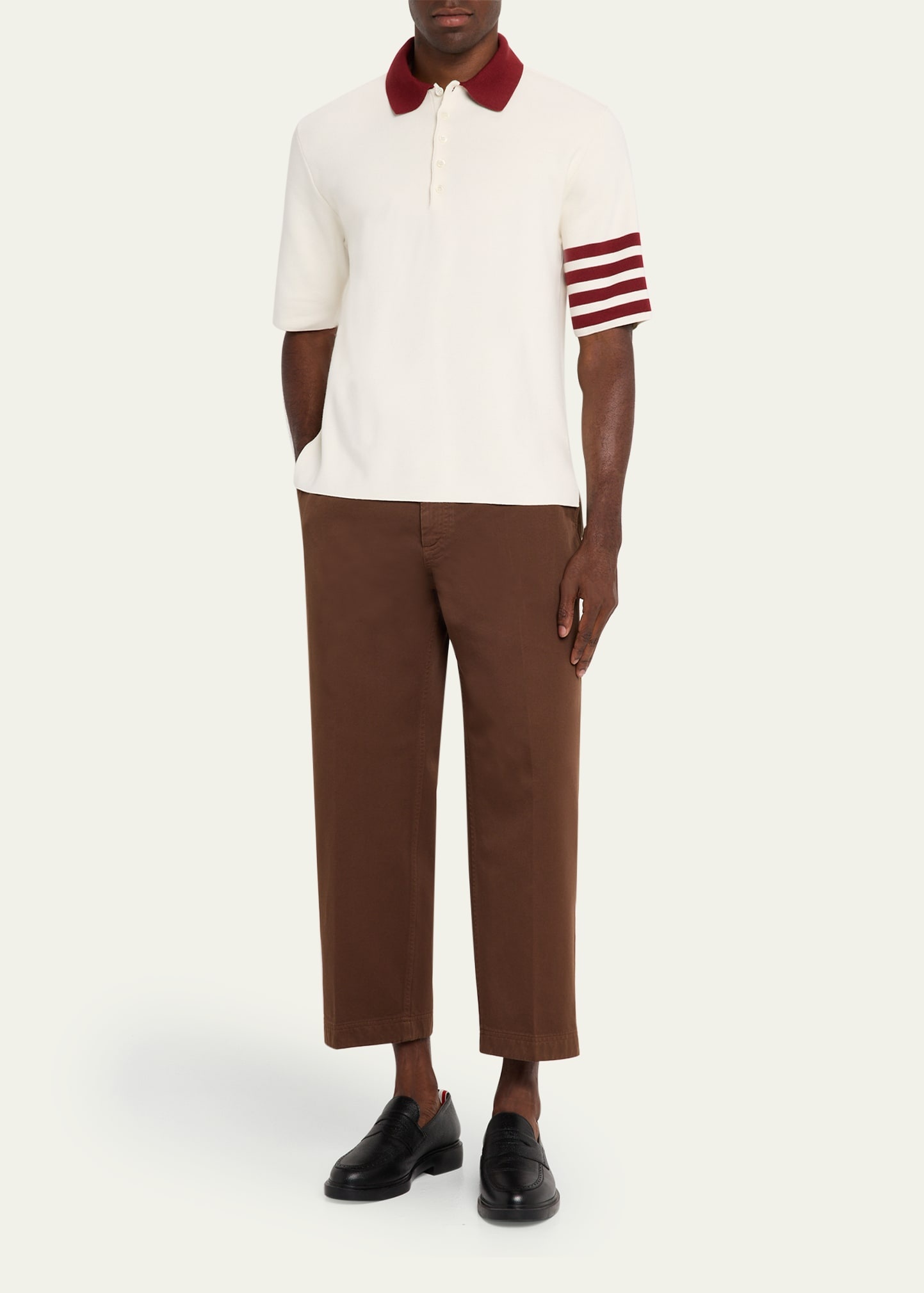 Men's Ecru Cotton Stripe-Sleeve Polo Shirt - 2