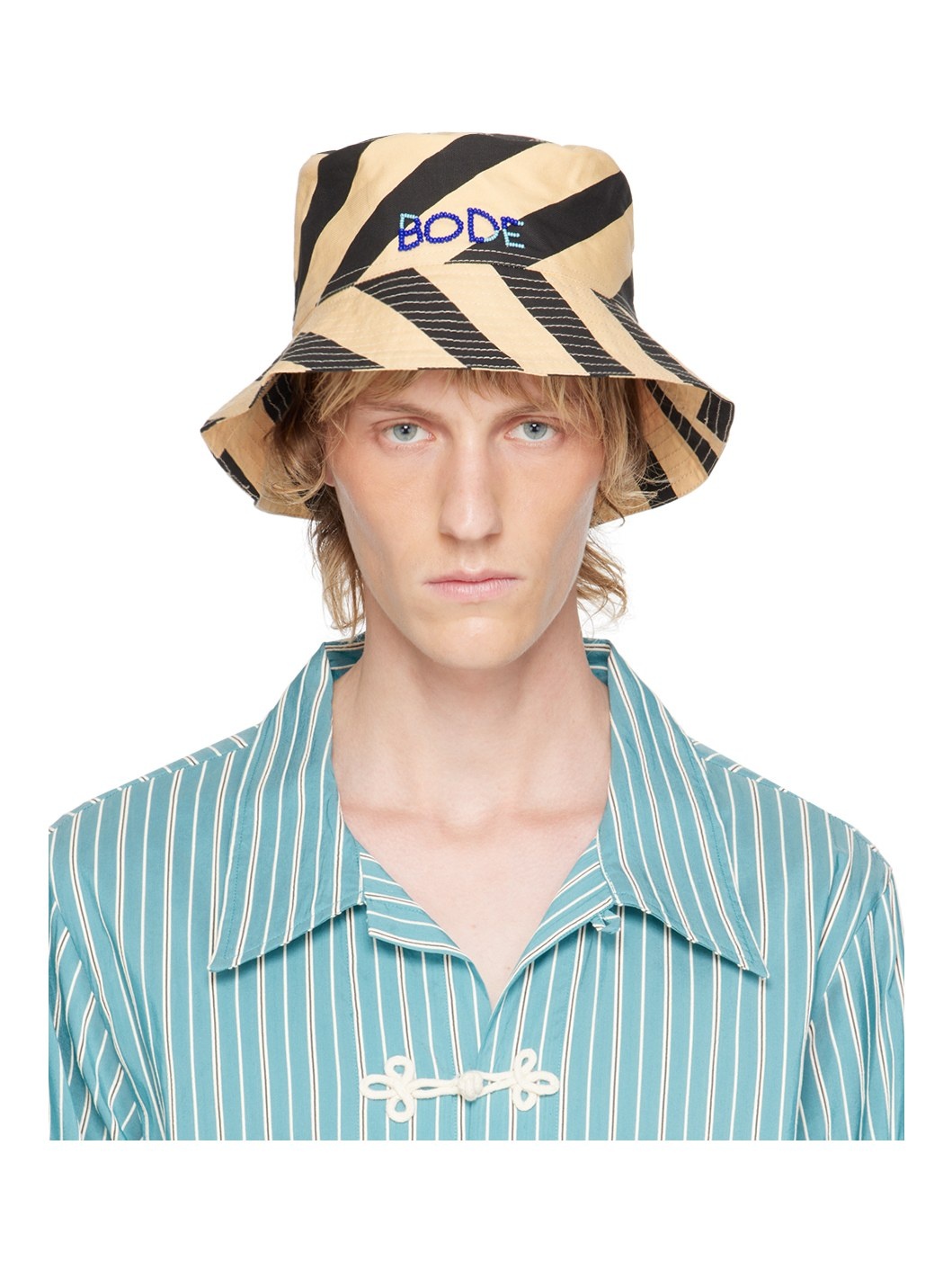 Beige & Black Domino Stripe Bucket Hat - 1