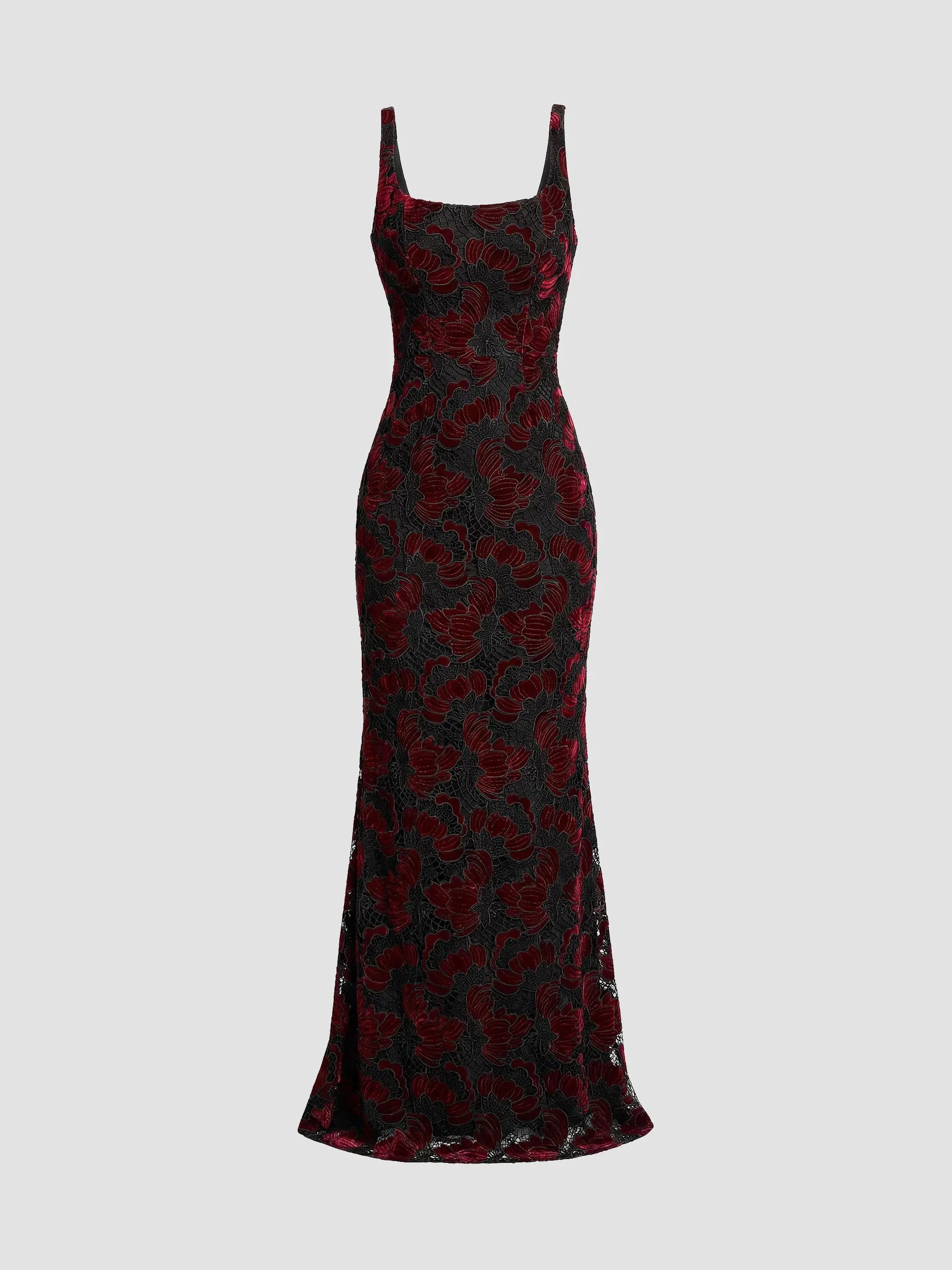 Women's Lorena Velvet-Trimmed Lace Mermaid Gown - Burgundy Multi - 1