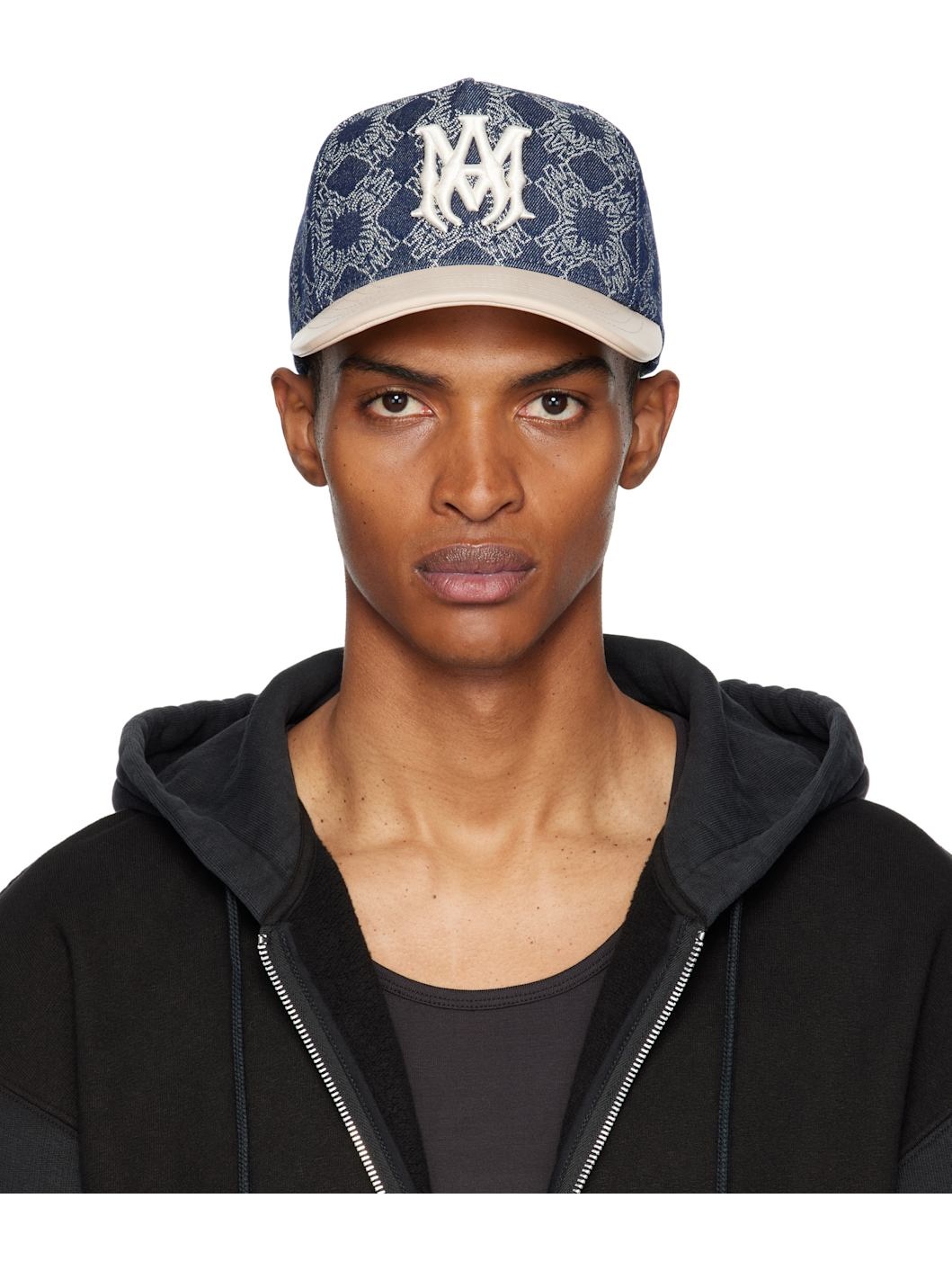 Navy & Beige MA Leather Brim Denim Cap - 1