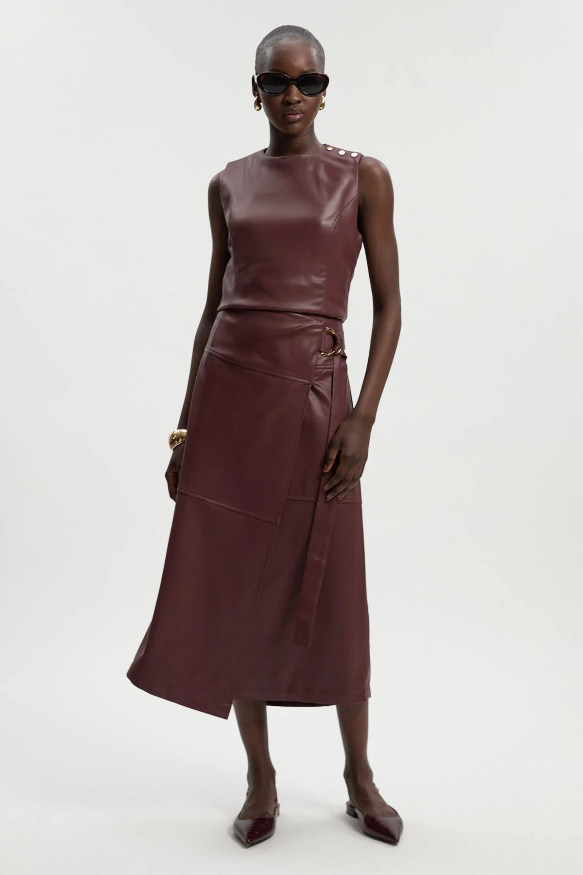 Faux Leather Tie Detail Wrap Midi Skirt - 1