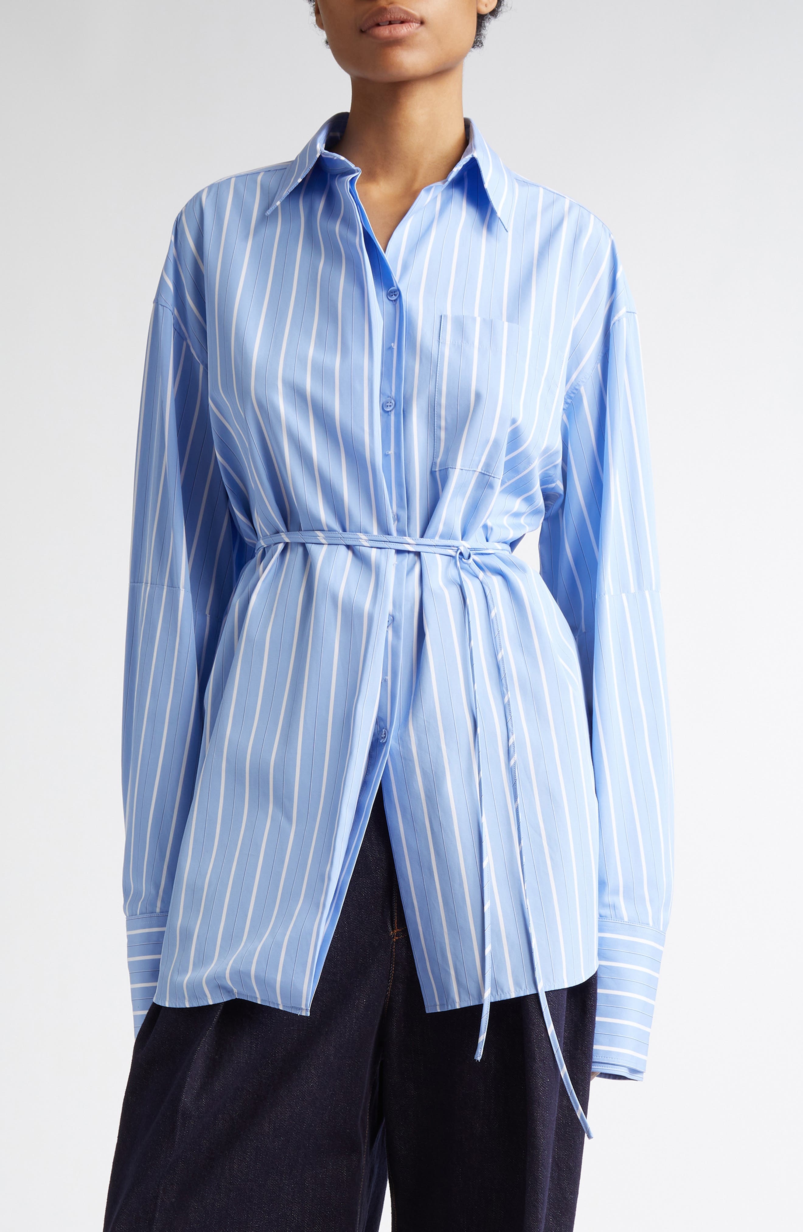SPORTMAX Firma Stripe Oversize Cotton Button-Up Shirt in Light Blue at Nordstrom - 1