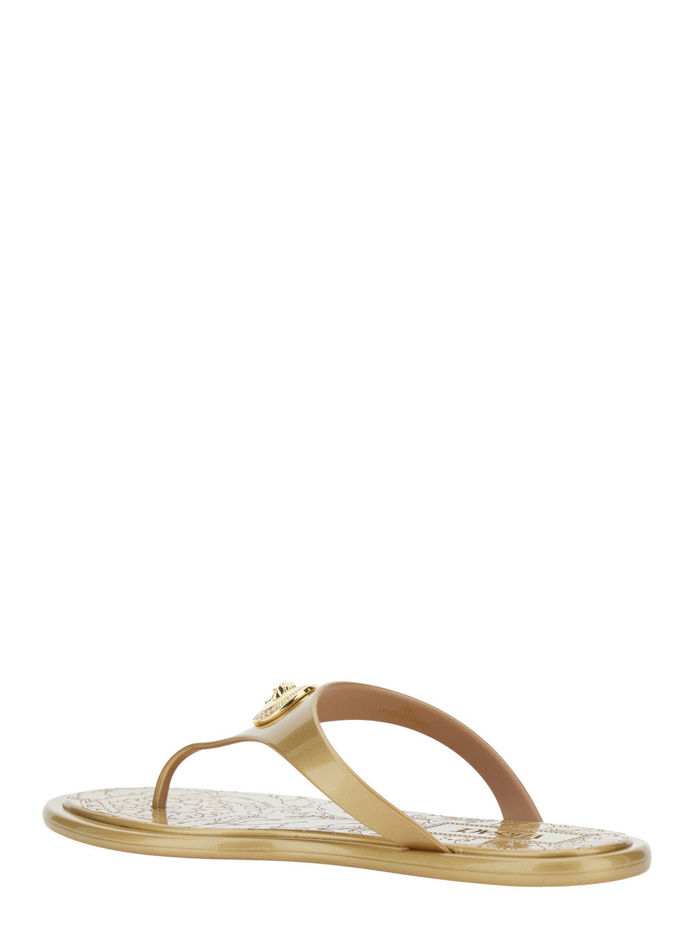 Versace Women Beige Thong Slided With Medusa Plaque On The Front And Laminated Design In Tech Fabric - 3