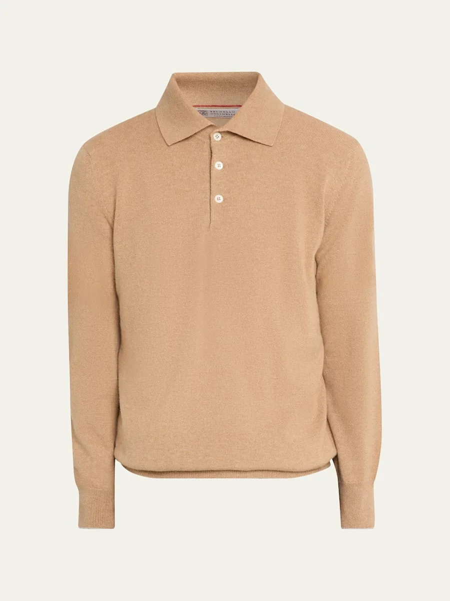 Men's Cashmere Knit Long-Sleeve Polo Shirt - 1