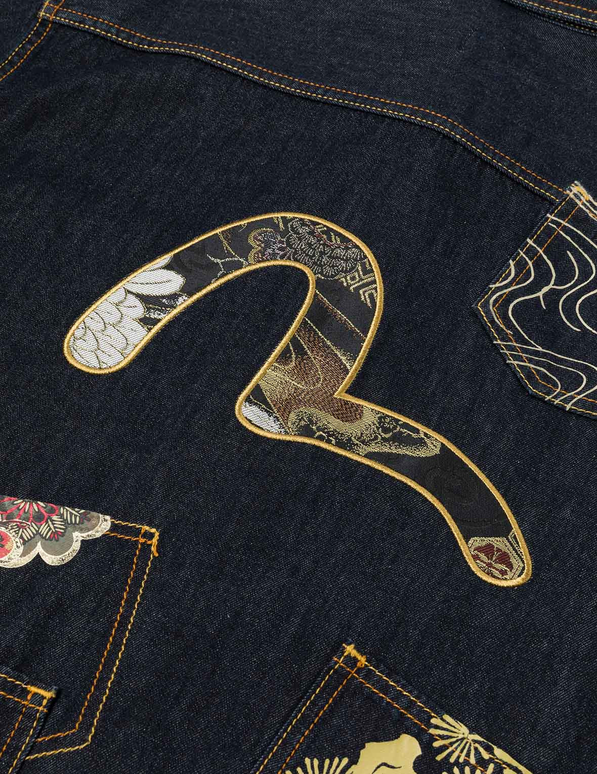 Multi-pocket and Barcode Seagull Embroidery Regular Fit Denim Shirt - 3
