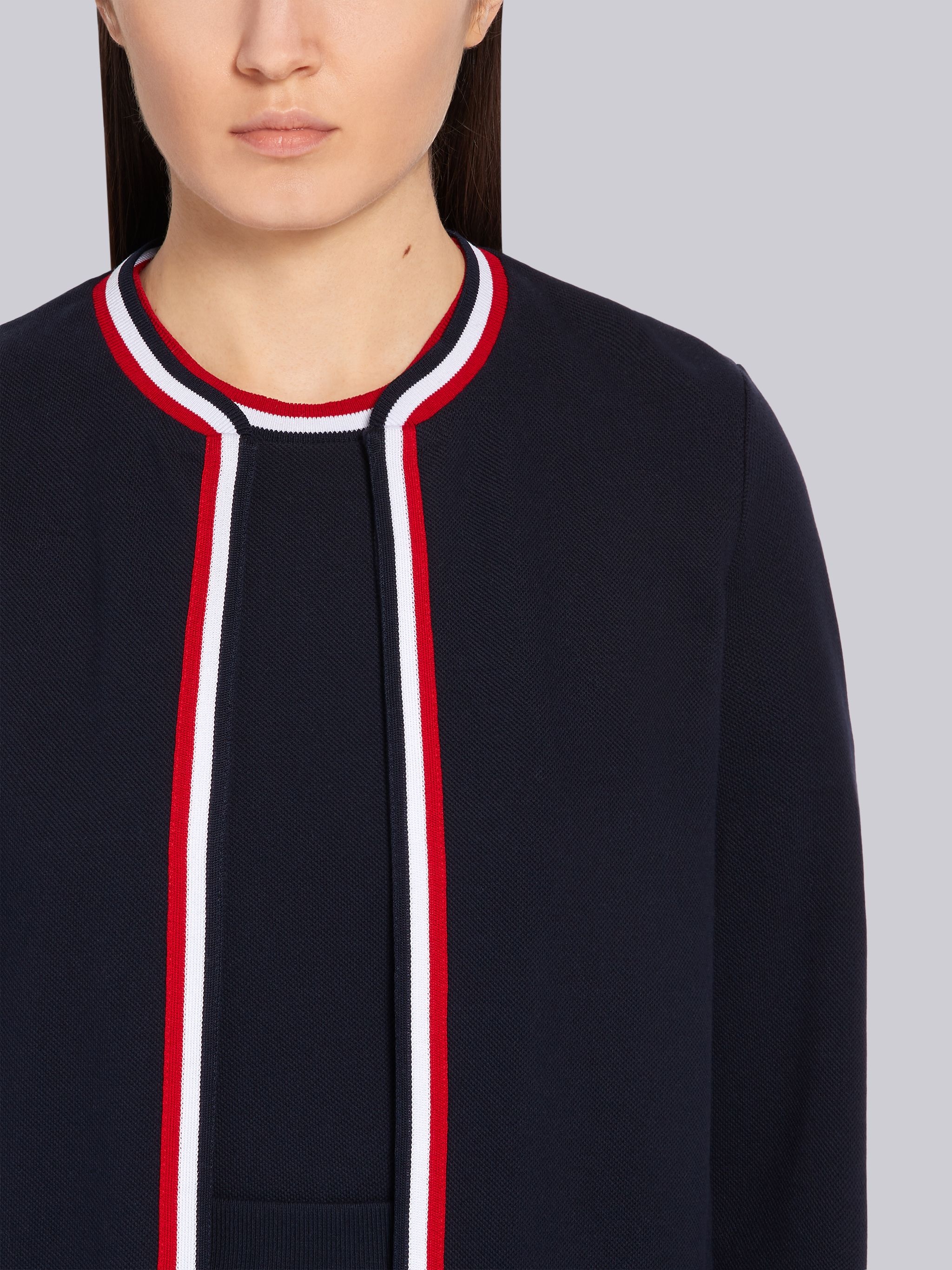 Navy Cotton Pique Tricolor Rib Trim Crewneck Cardigan - 5