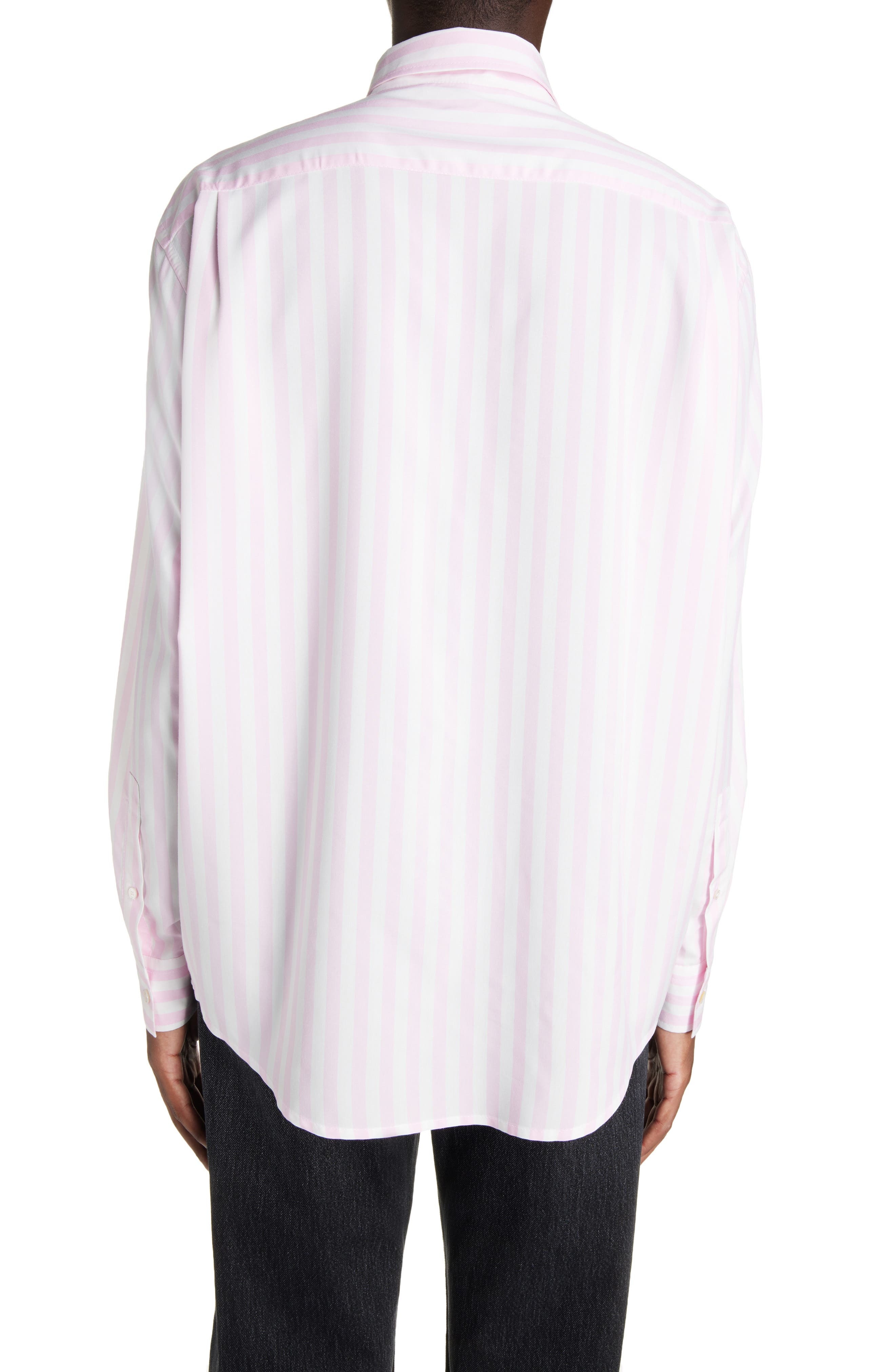 Acne Studios Embroidered Logo Stripe Button-Up Shirt in Pink/White at Nordstrom - 3