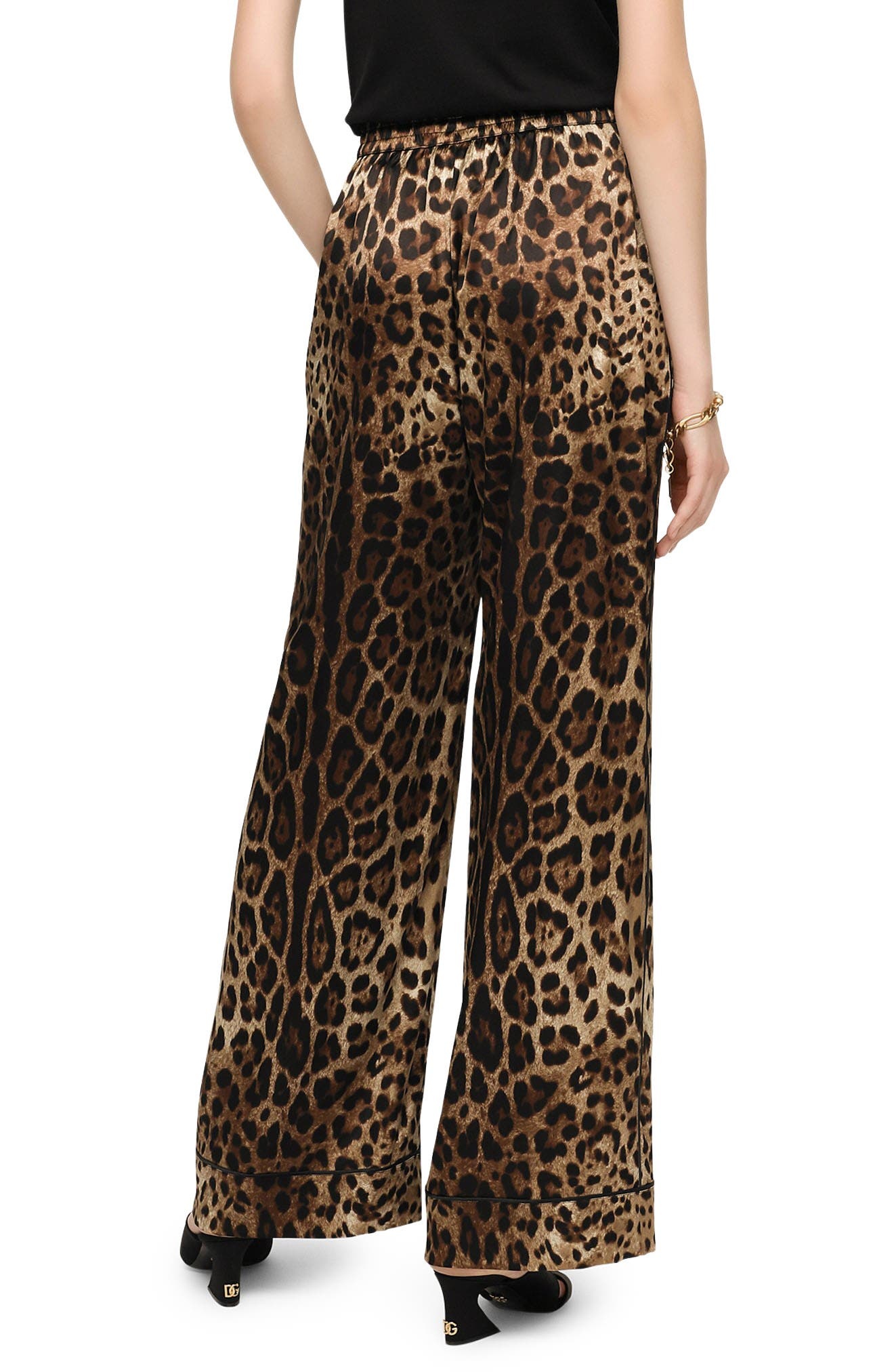 Leopard Print Wide Leg Stretch Silk Satin Pajama Pants - 2