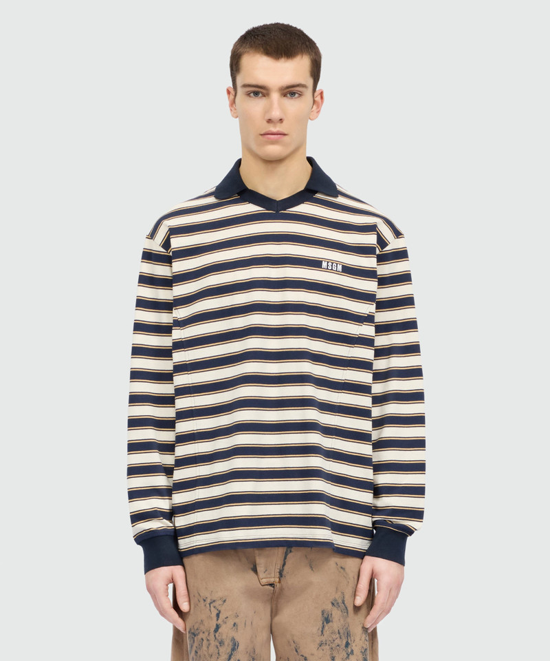 MSGM Blue striped long-sleeve cotton jersey T-shirt with chest logo outlook