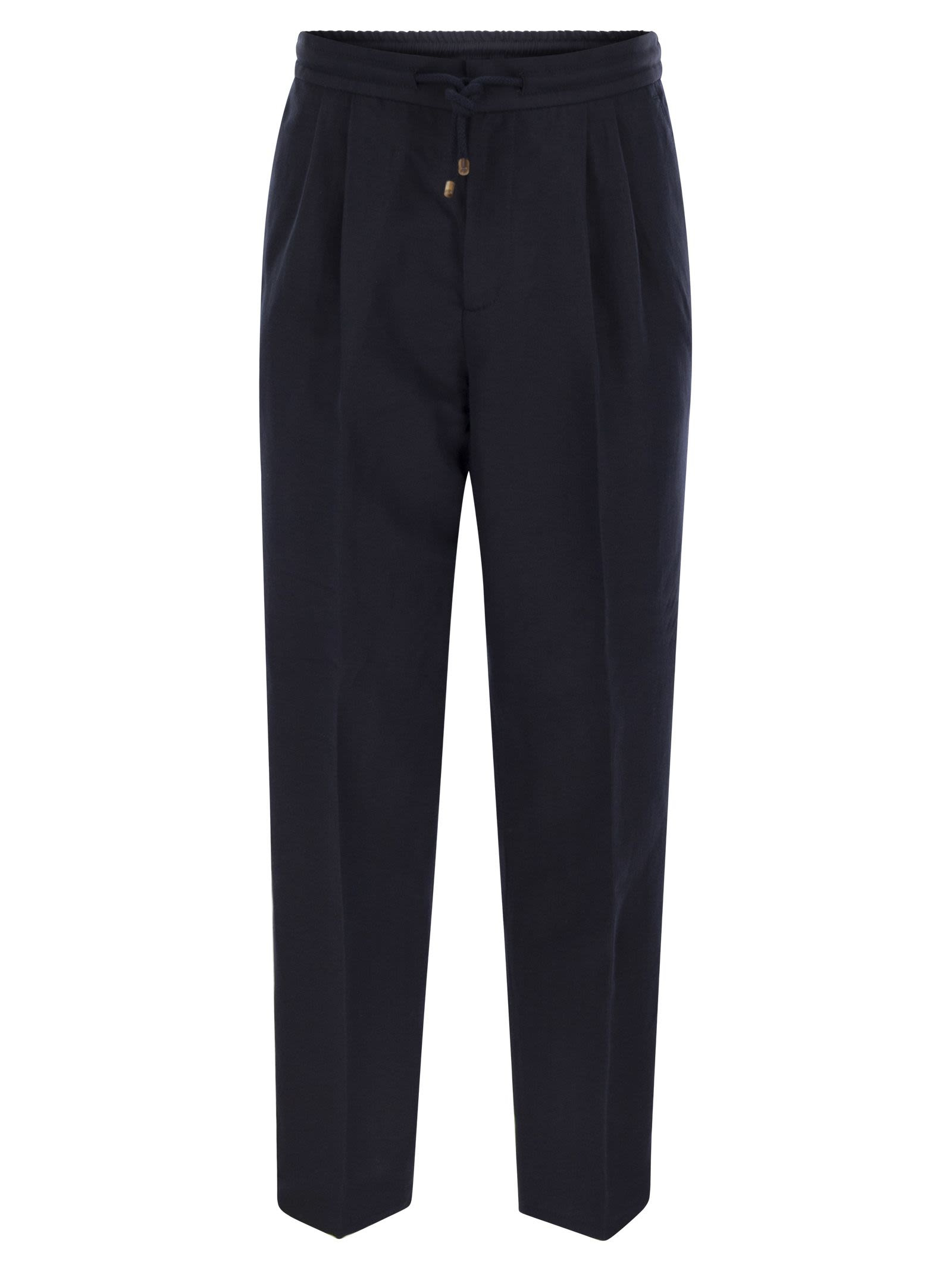 Brunello Cucinelli Men Leisure Fit Trousers In Linen And Cotton Gabardine With Drawstring And Double - 1