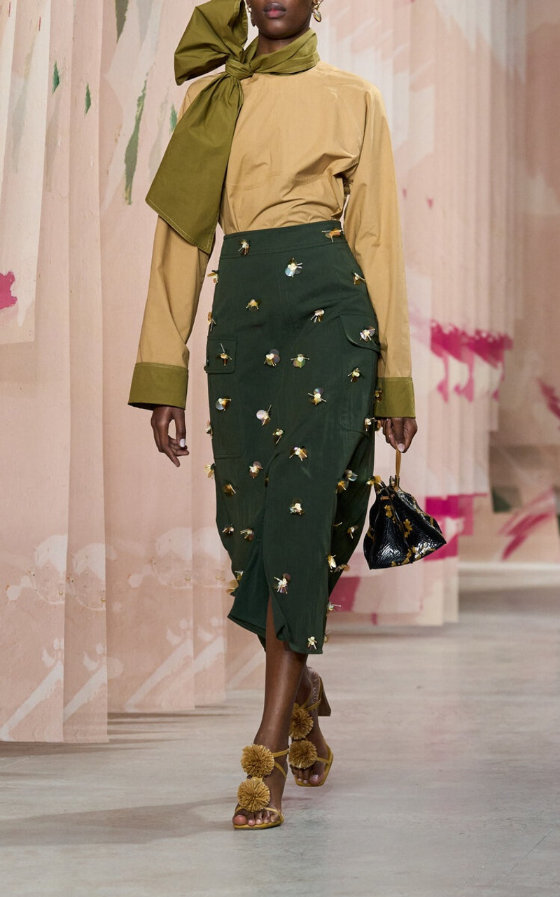 ULLA JOHNSON Rhodes Embellished Cotton-Blend Midi Skirt dark green outlook