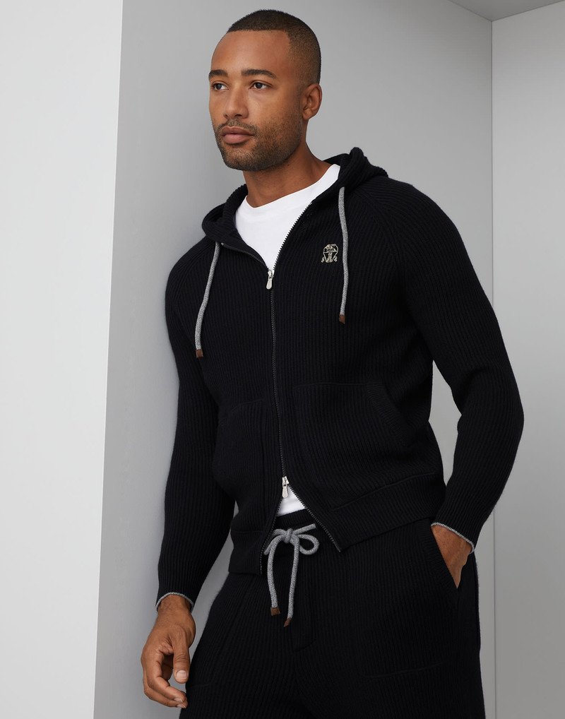 Cashmere English rib knit sweatshirt with hood - 1