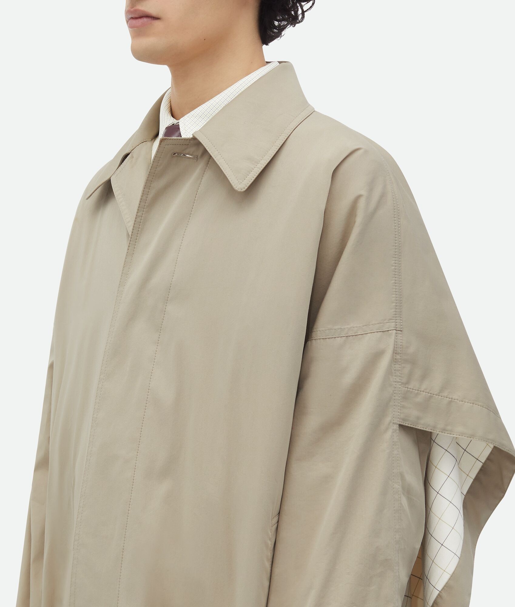Cotton Silk Cape Trench With Check Lining - 5