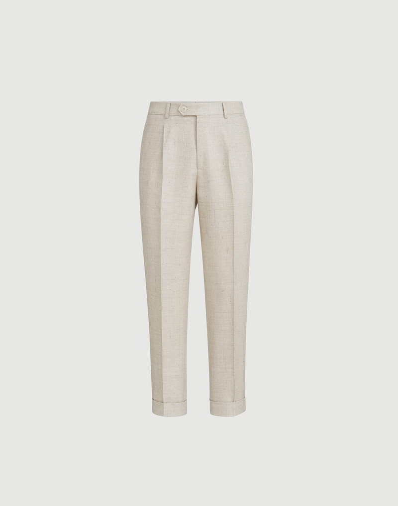 Silk, linen and wool hopsack trousers with pleat 1