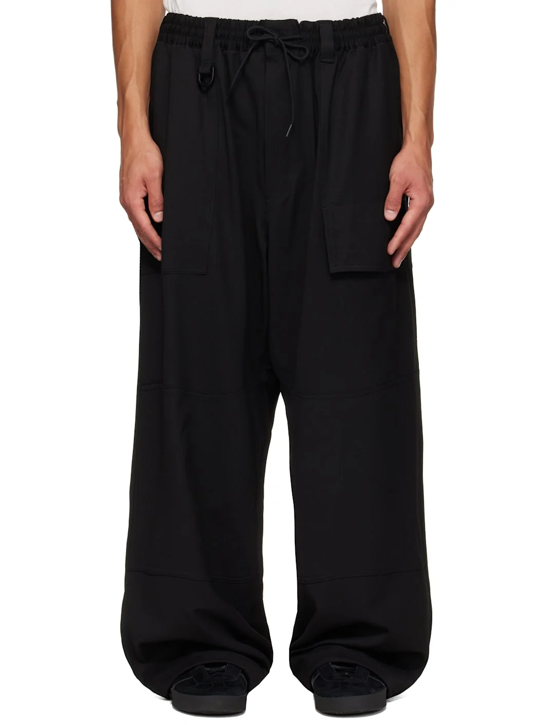 Black Wool Wide Cargo Pants - 1