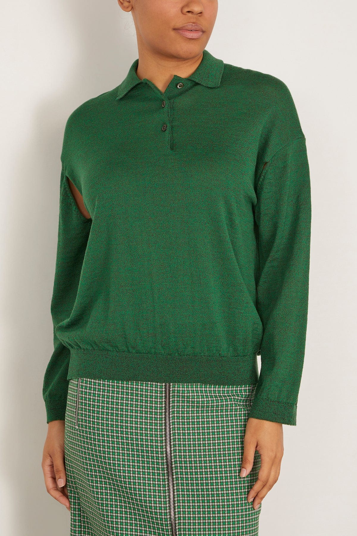 Polo Neck Merino Wool Cut-Out Knit Sweater in Dark Green Melange - 3