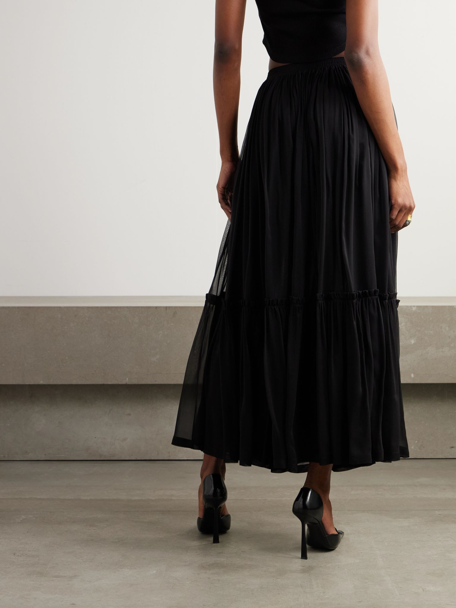 Tiered gathered silk-chiffon maxi skirt Black - 4