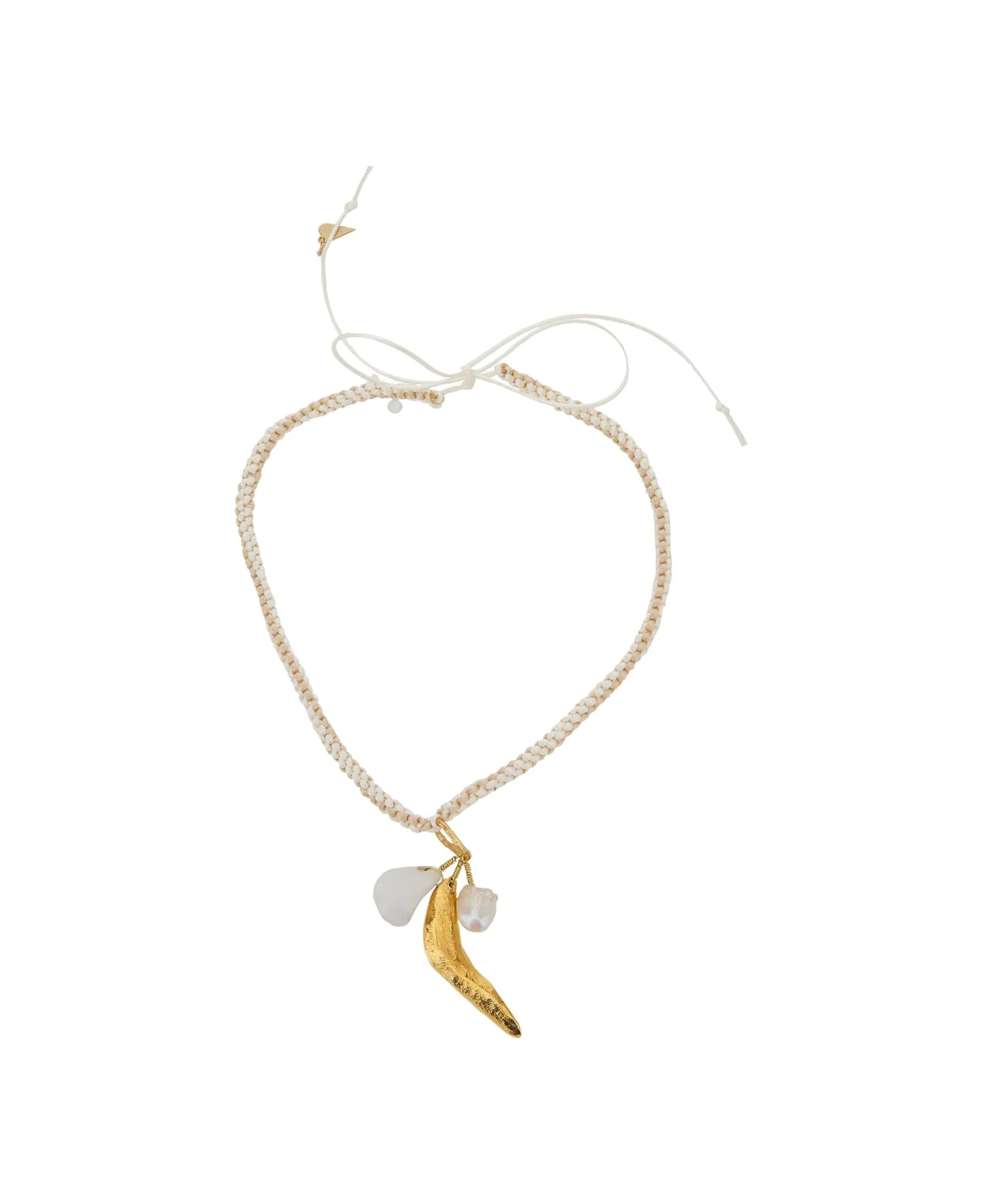 White Cord Necklace With Leaf Pendant In Brass Blend Woman - 1