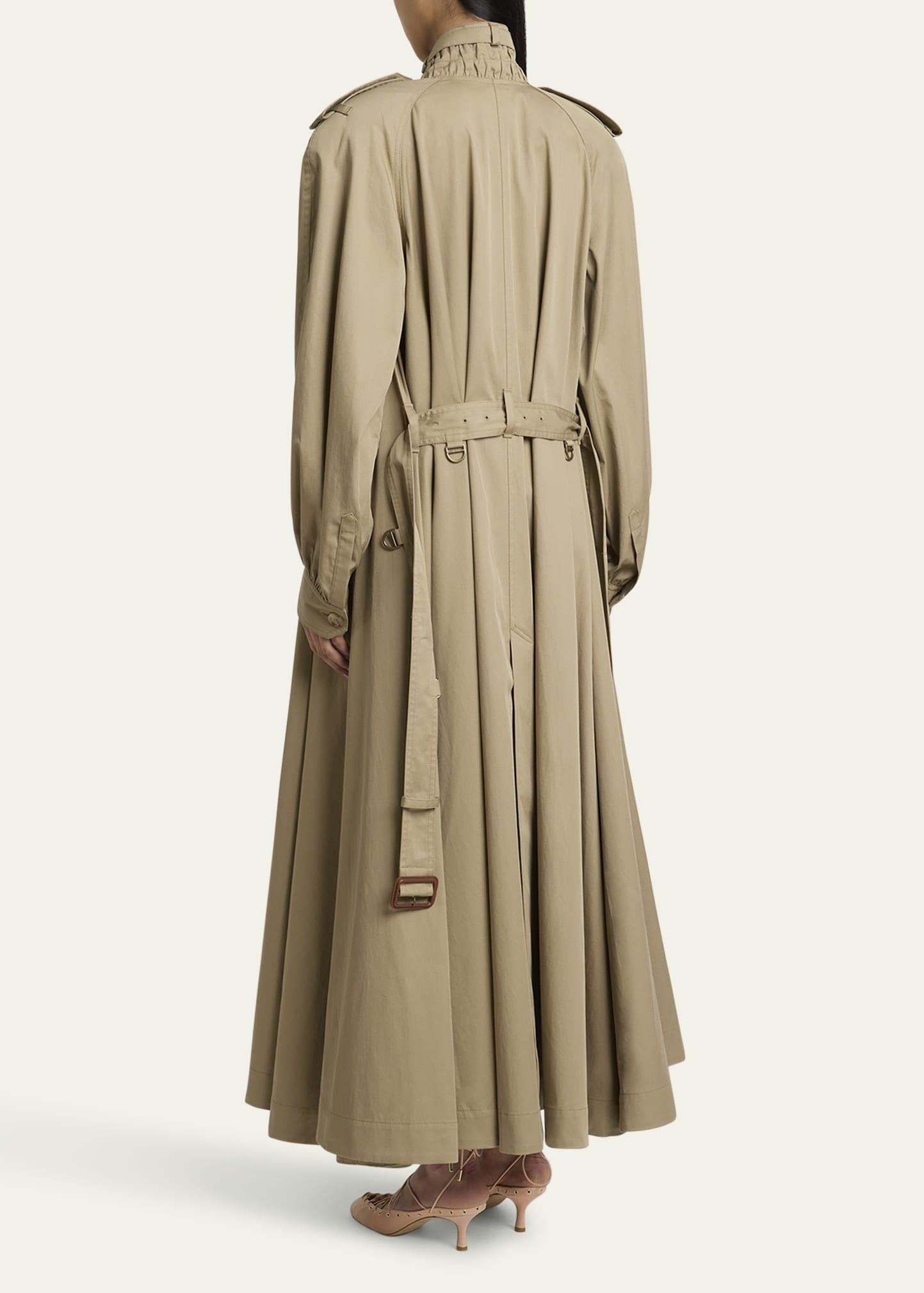Long High-Neck Belted Gabardine Trench Coat - 3