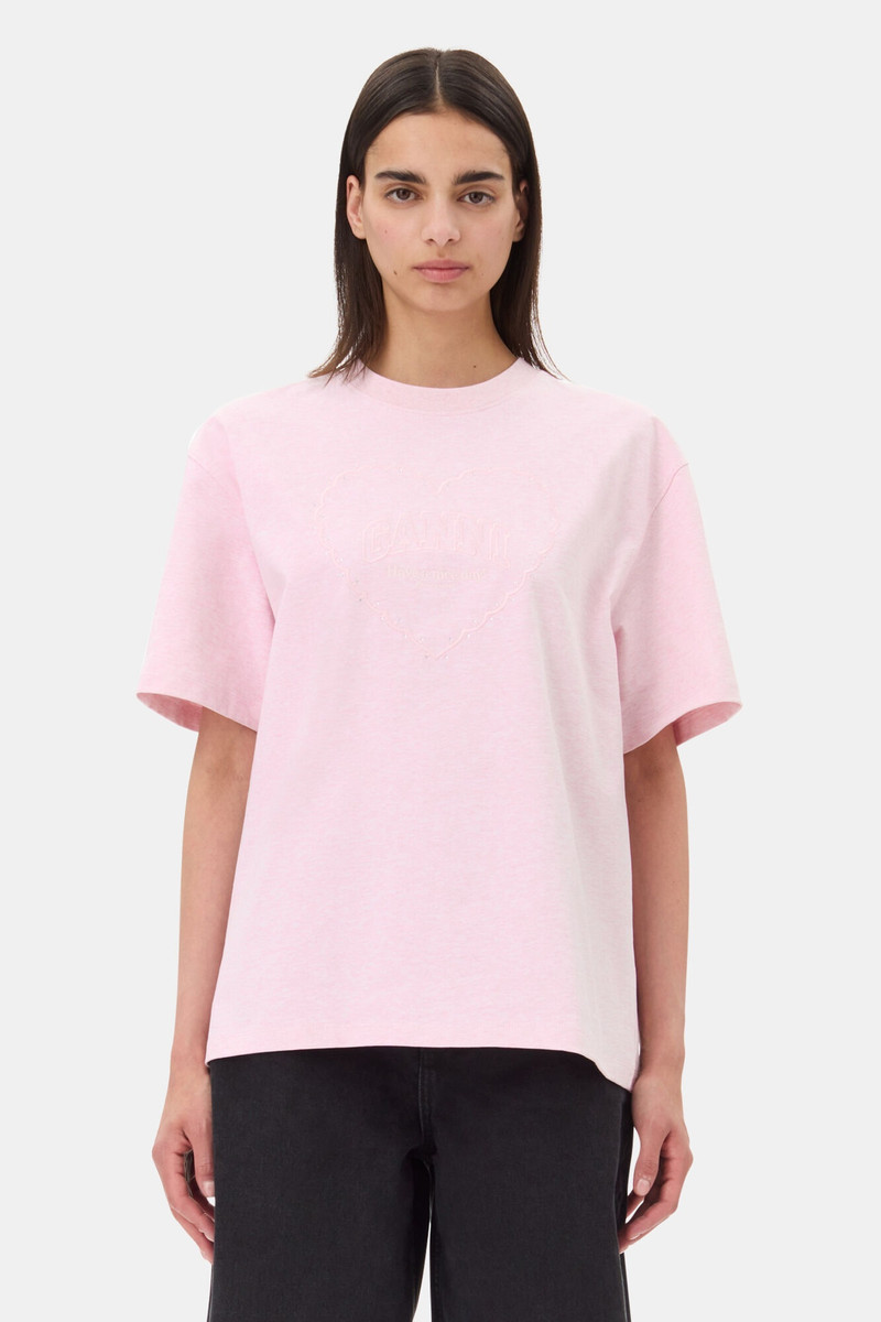 GANNI PINK HEAVY COTTON DROP SHOULDER HEART T-SHIRT outlook