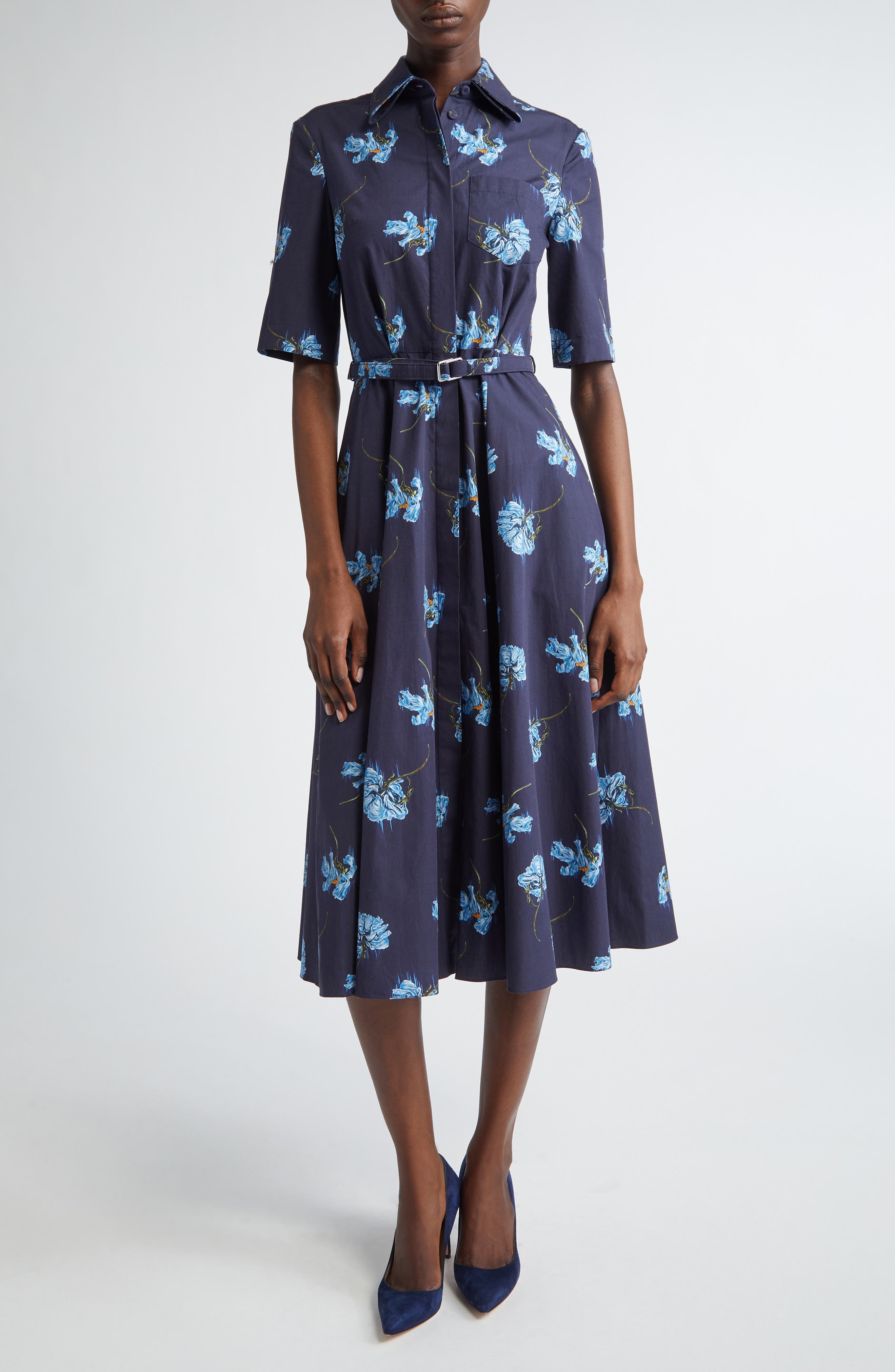 Emilia Wickstead Rubie Belted Cotton Poplin Midi Shirtdress in Blue Flowers On Navy at Nordstrom - 1