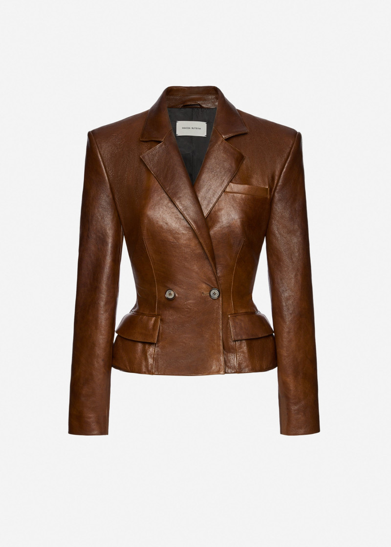 Tailored leather peplum blazer in light brown 1