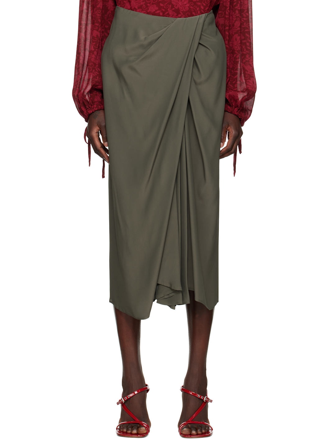 Khaki Draped Flared Midi Skirt - 1