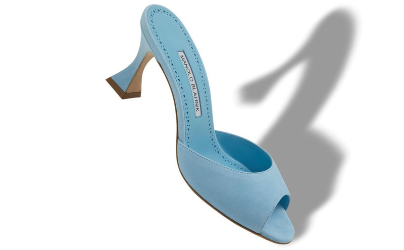 Manolo Blahnik Light Blue Suede Open Toe Mules outlook