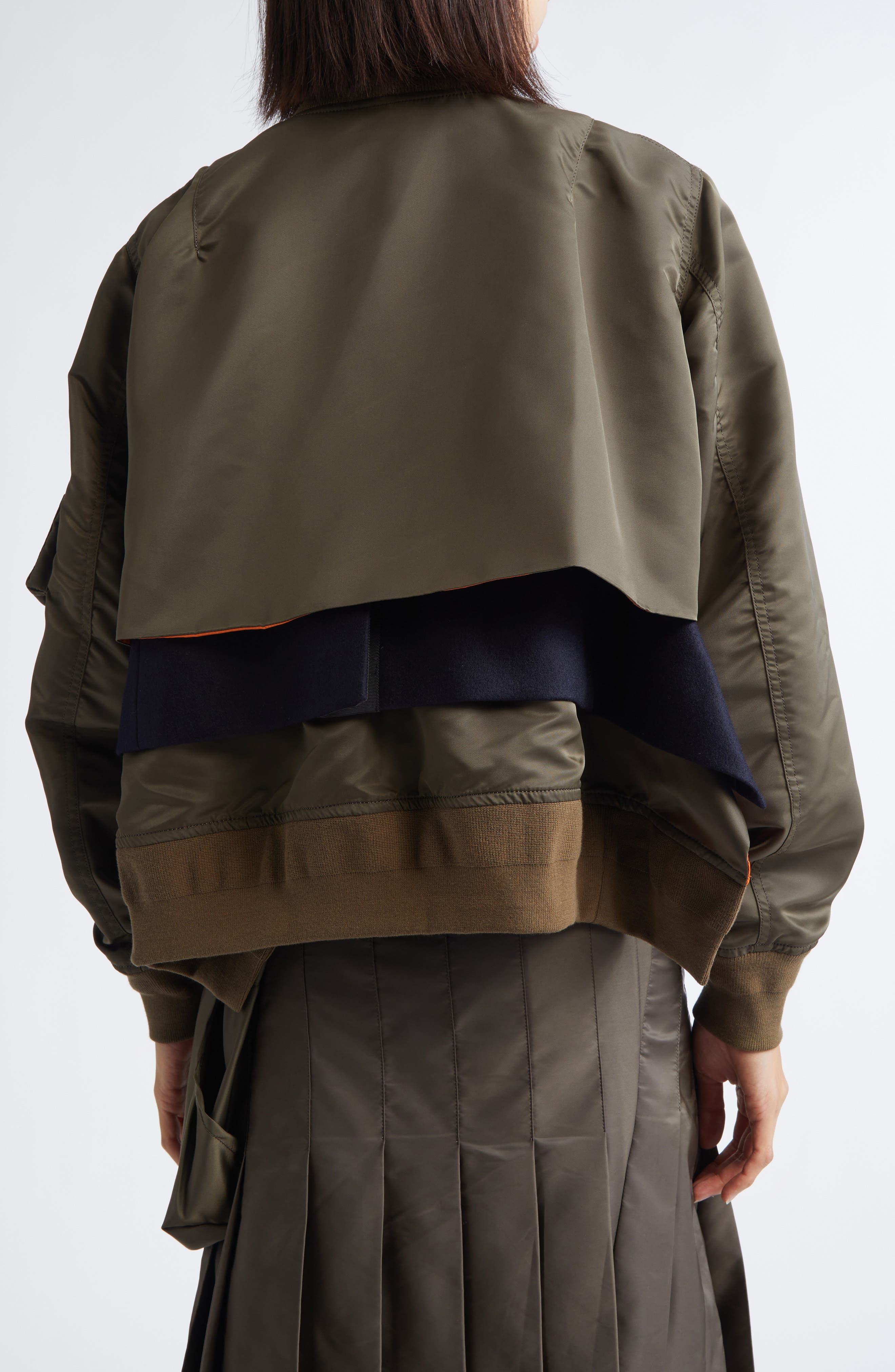 Sacai Nylon Twill & Wool Melton Blouson Jacket in Dark Khaki at Nordstrom - 3