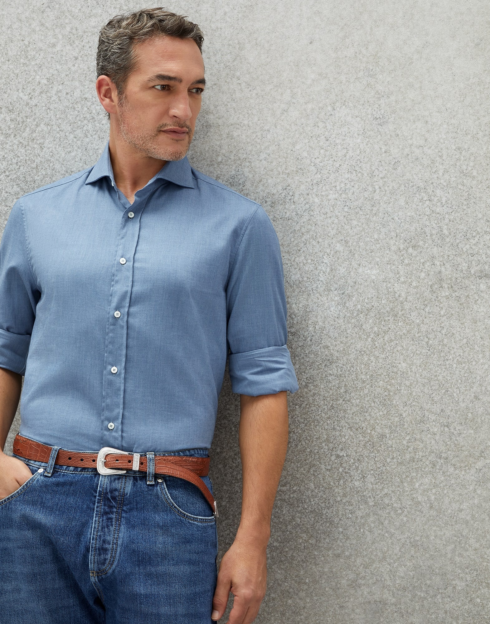 Denim-effect flannel slim fit shirt with spread collar - 4