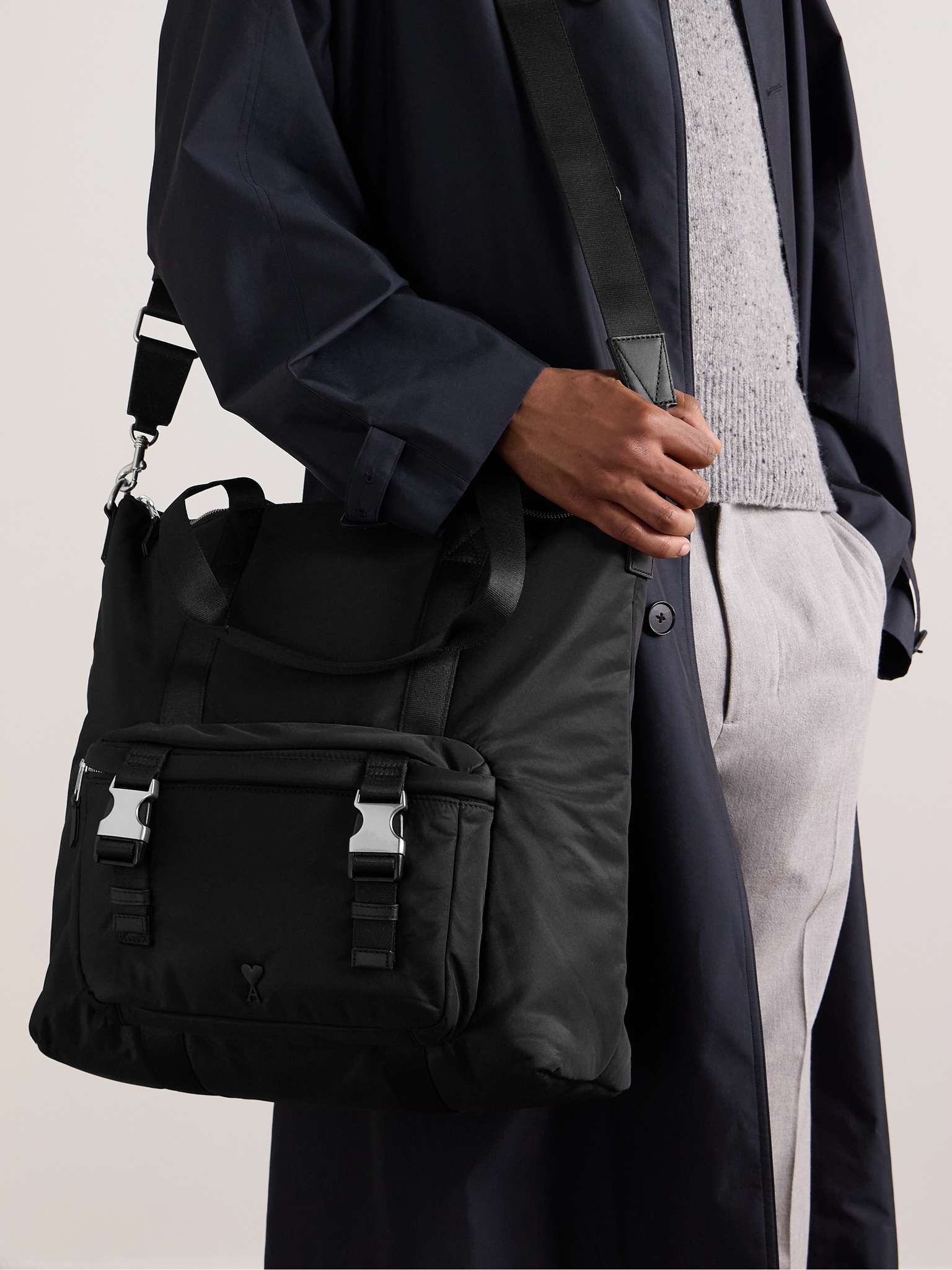 AMI Paris Leather-Trimmed Logo-Embellished Shell Tote Bag