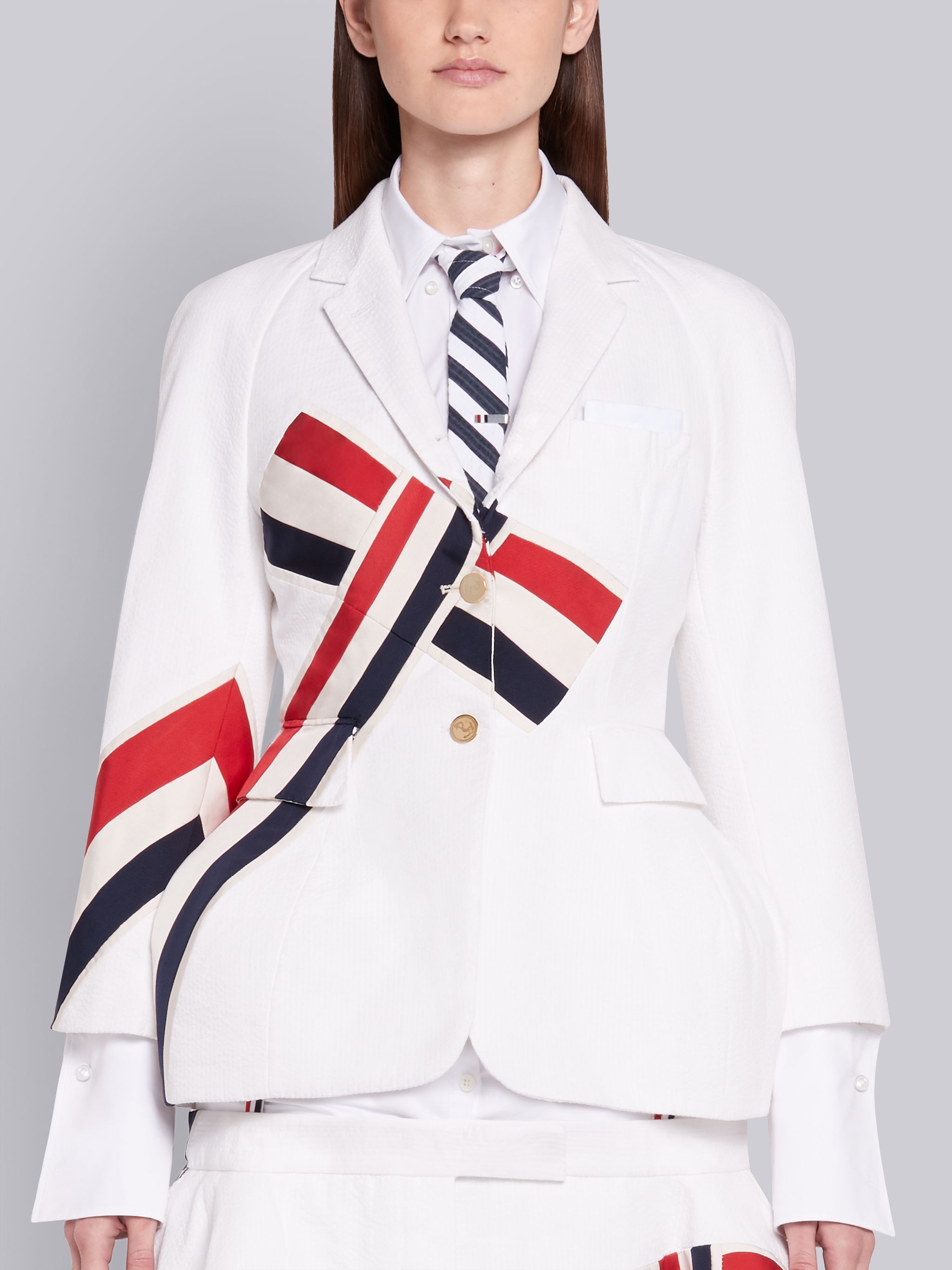 White Seersucker Raglan Corseted Jacket - 1