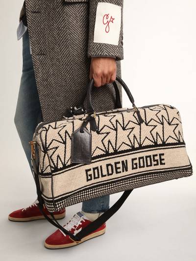 Golden Goose Men's duffle bag in milk-white jacquard wool and black lettering outlook