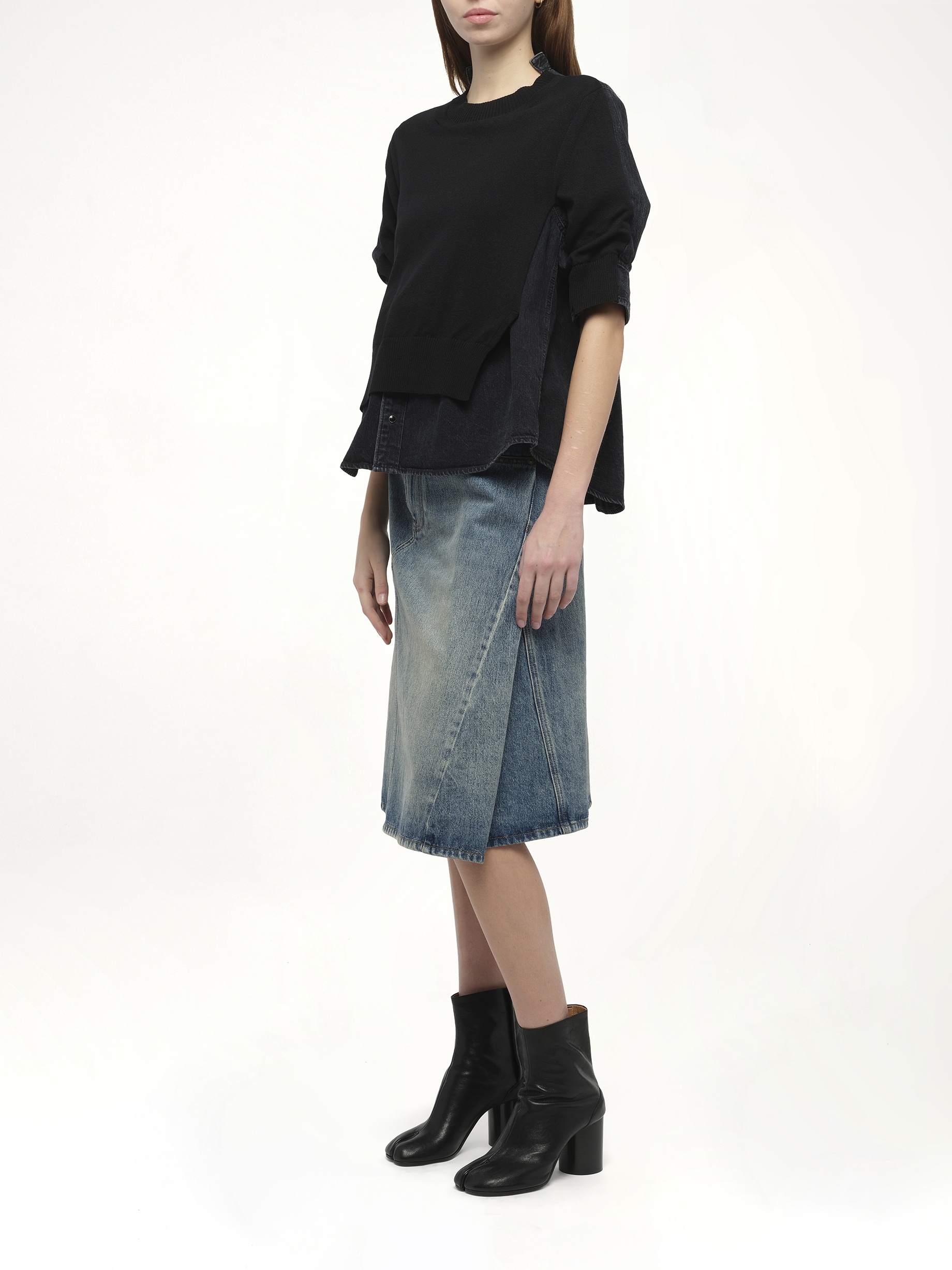 Denim x Knit Pullover in Black - 4