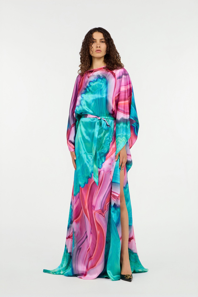 Roberto Cavalli Long dress in multicolor marbled silk outlook
